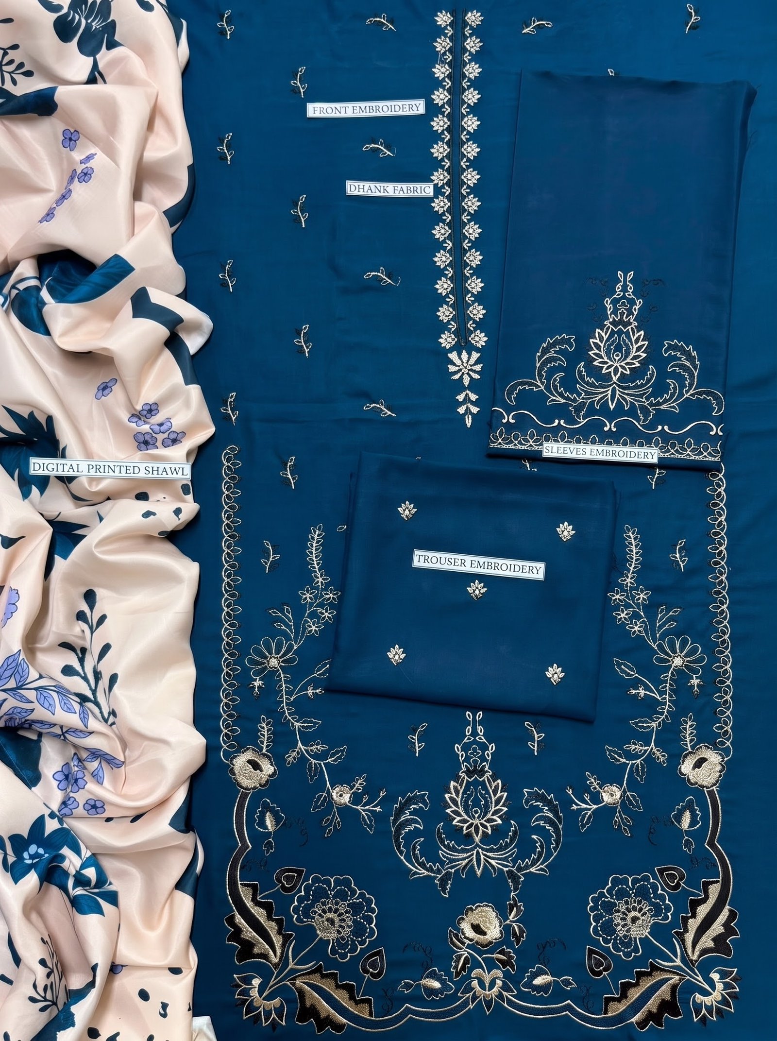 Regal Blue Ethnic Pure Dhanak 3-Piece Embroidered Dress with Pashmina Wool Shawl Image 2