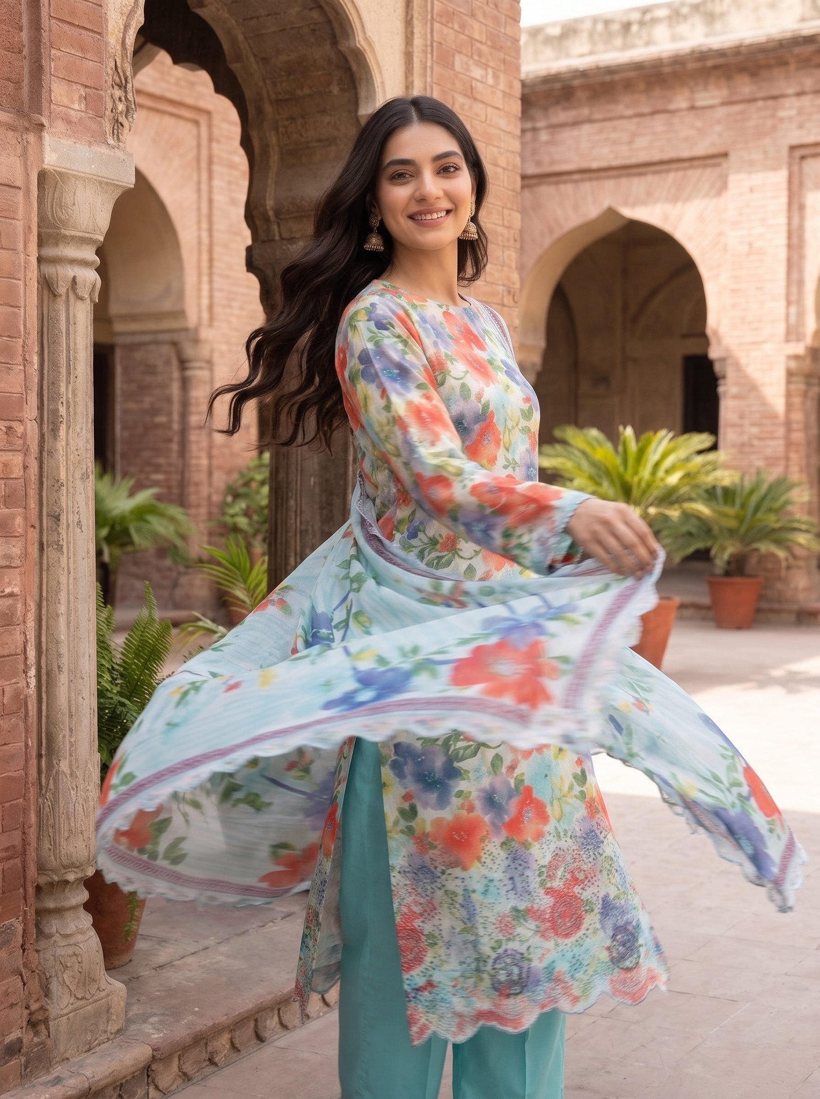 Zarposh Khaddar Printed 3-Piece Suit with Embroidered Daman & Laser-Cut Detailing