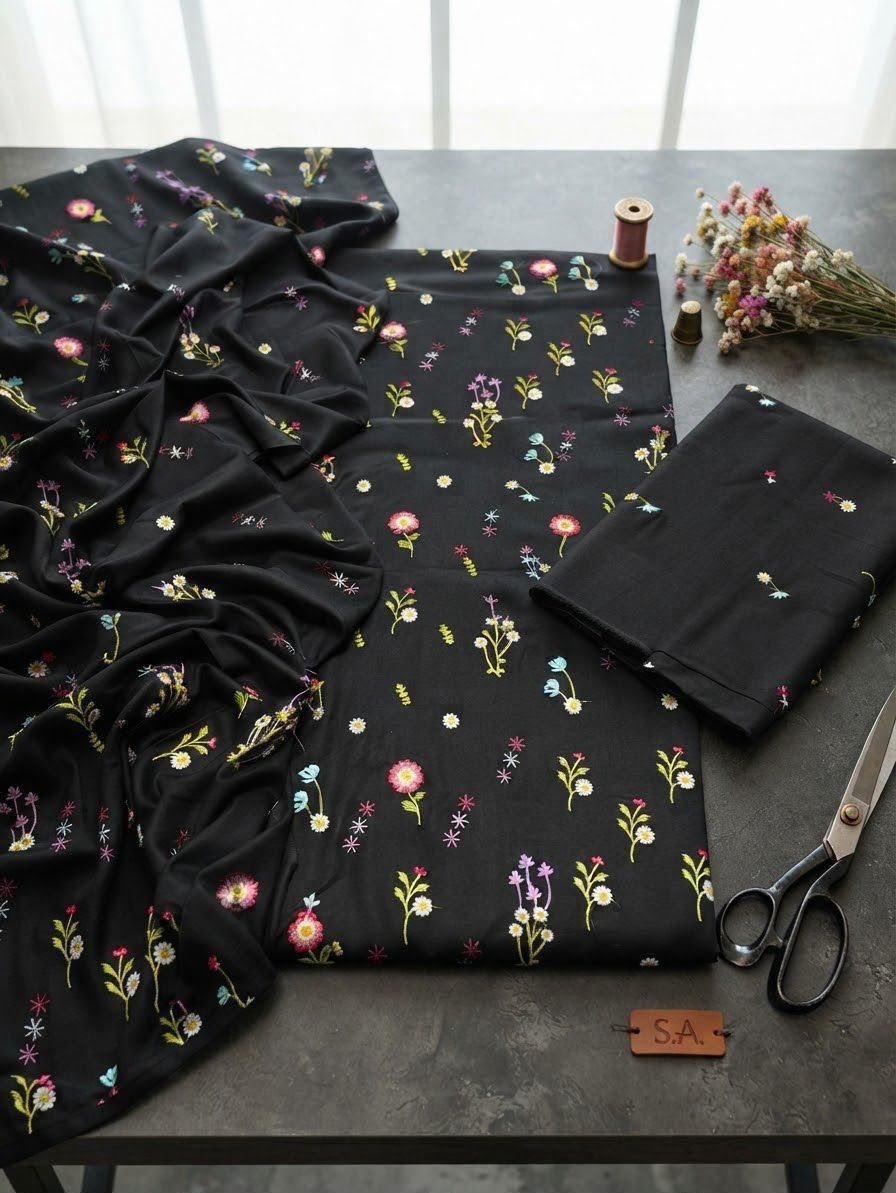 Black Dhanak Embroidered 3 Piece Suit with Dhanak Shawl Image 2