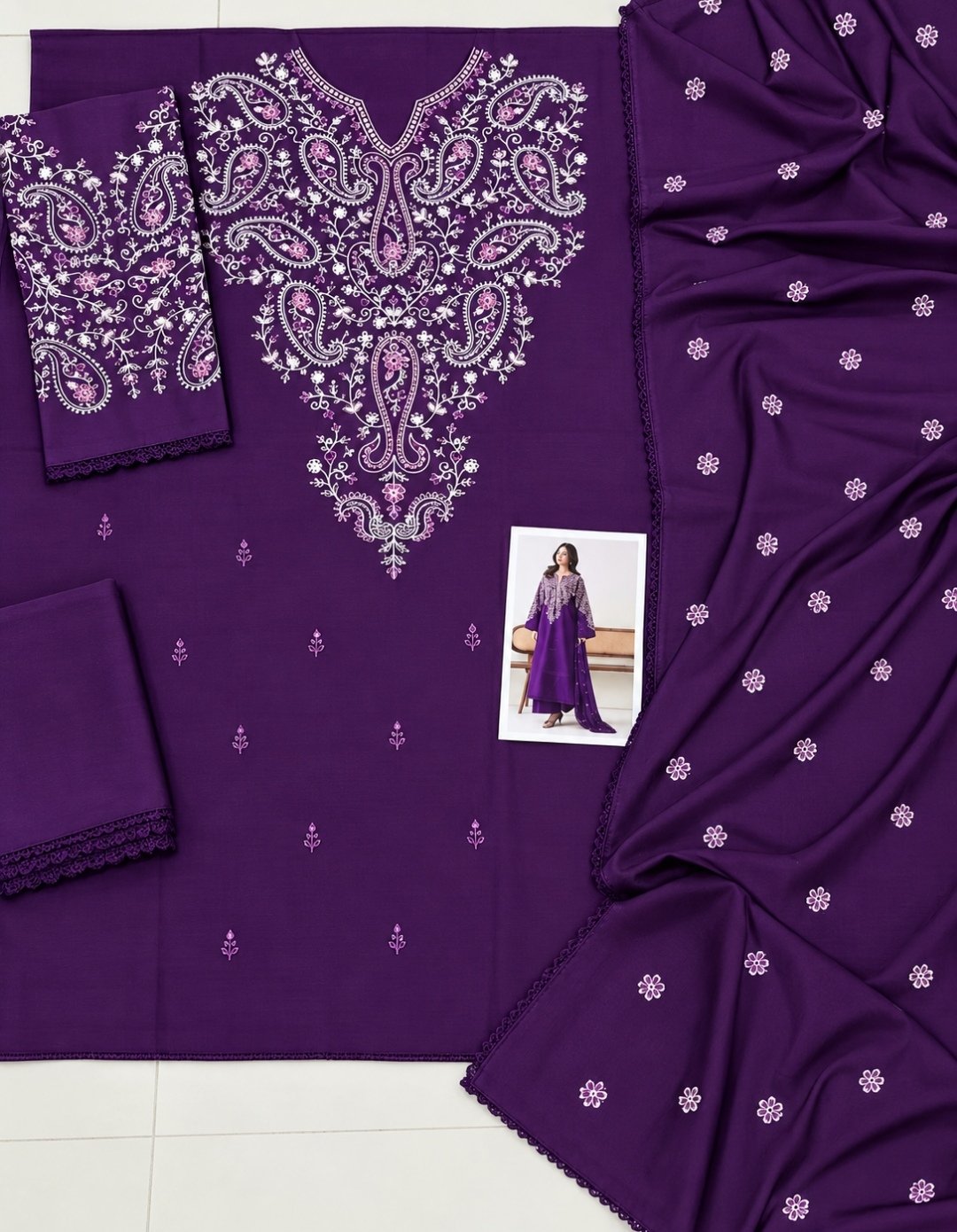 Purple Jazmin Airjet Dhanak Embroidered 3PC Suit Image 2