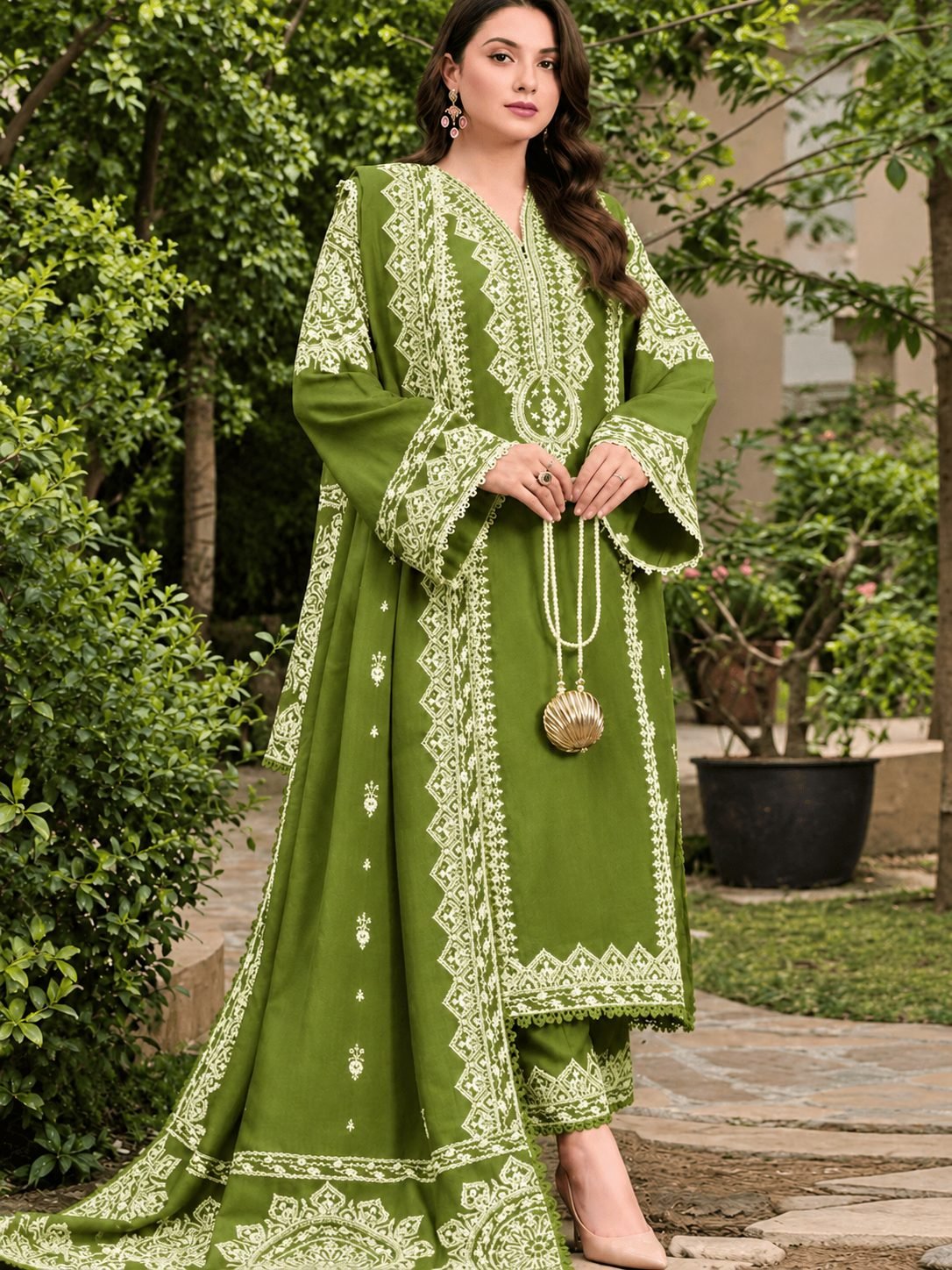 Premium Olive Green Dhanak Embroidered Winter Collection with Pashmina Shawl