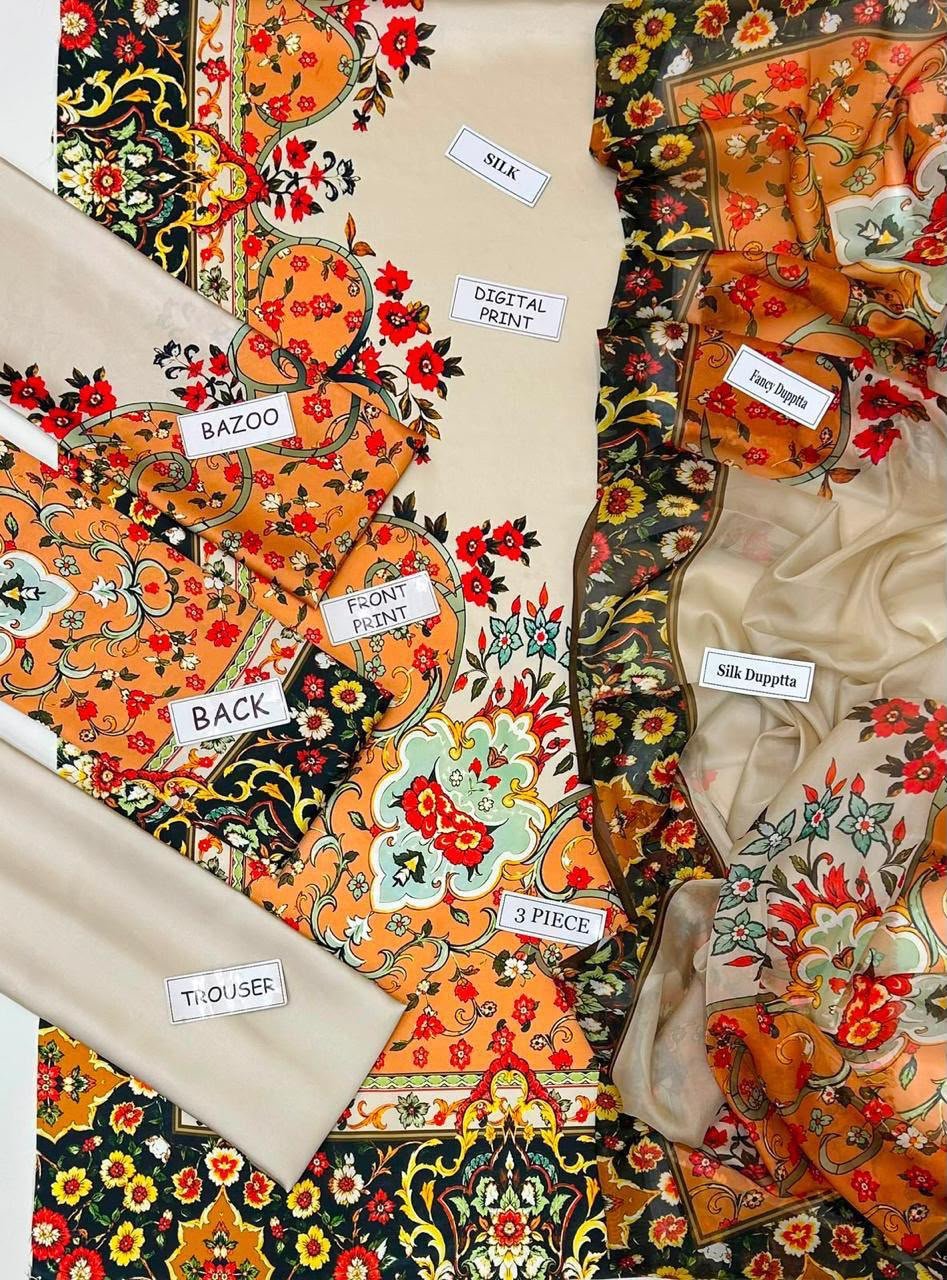 Ivory Digital Printed Silk 3 Piece Unstitched Suit 2026 | Premium Silk Collection Image 2