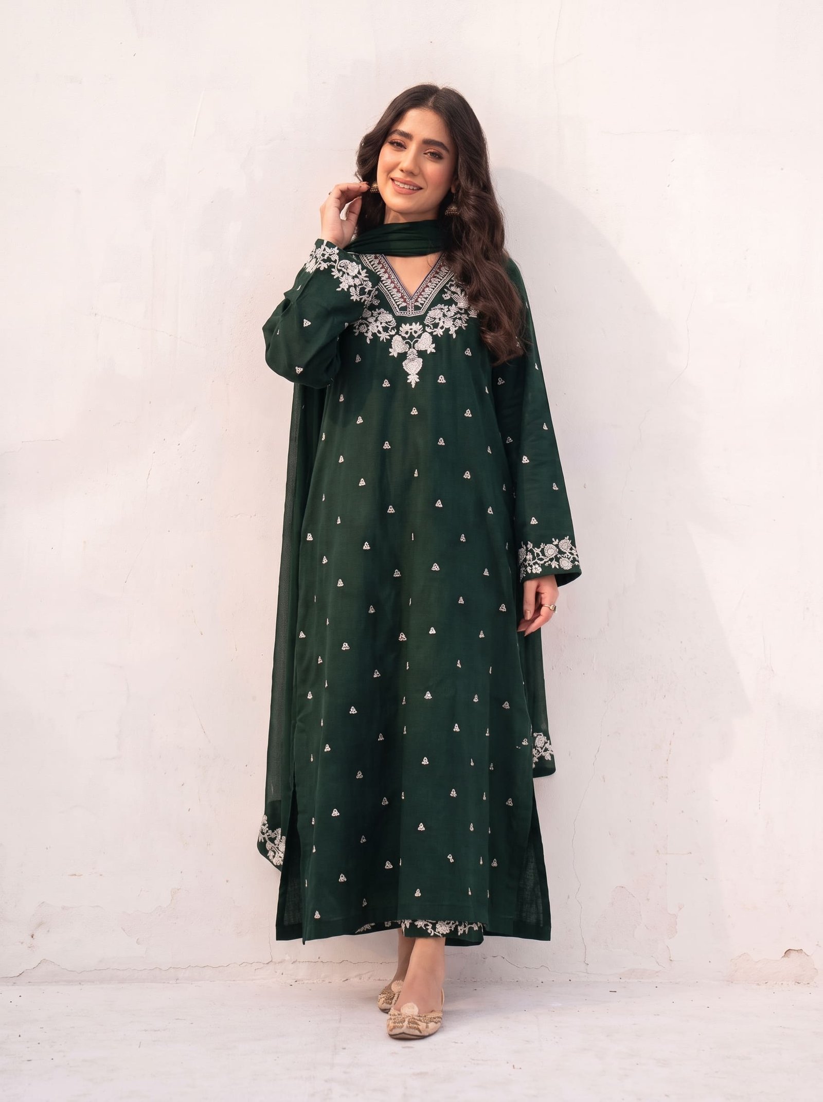 Green Opulence Pure Dhanak 3-Piece Embroidered Dress with Pashmina Wool Shawl