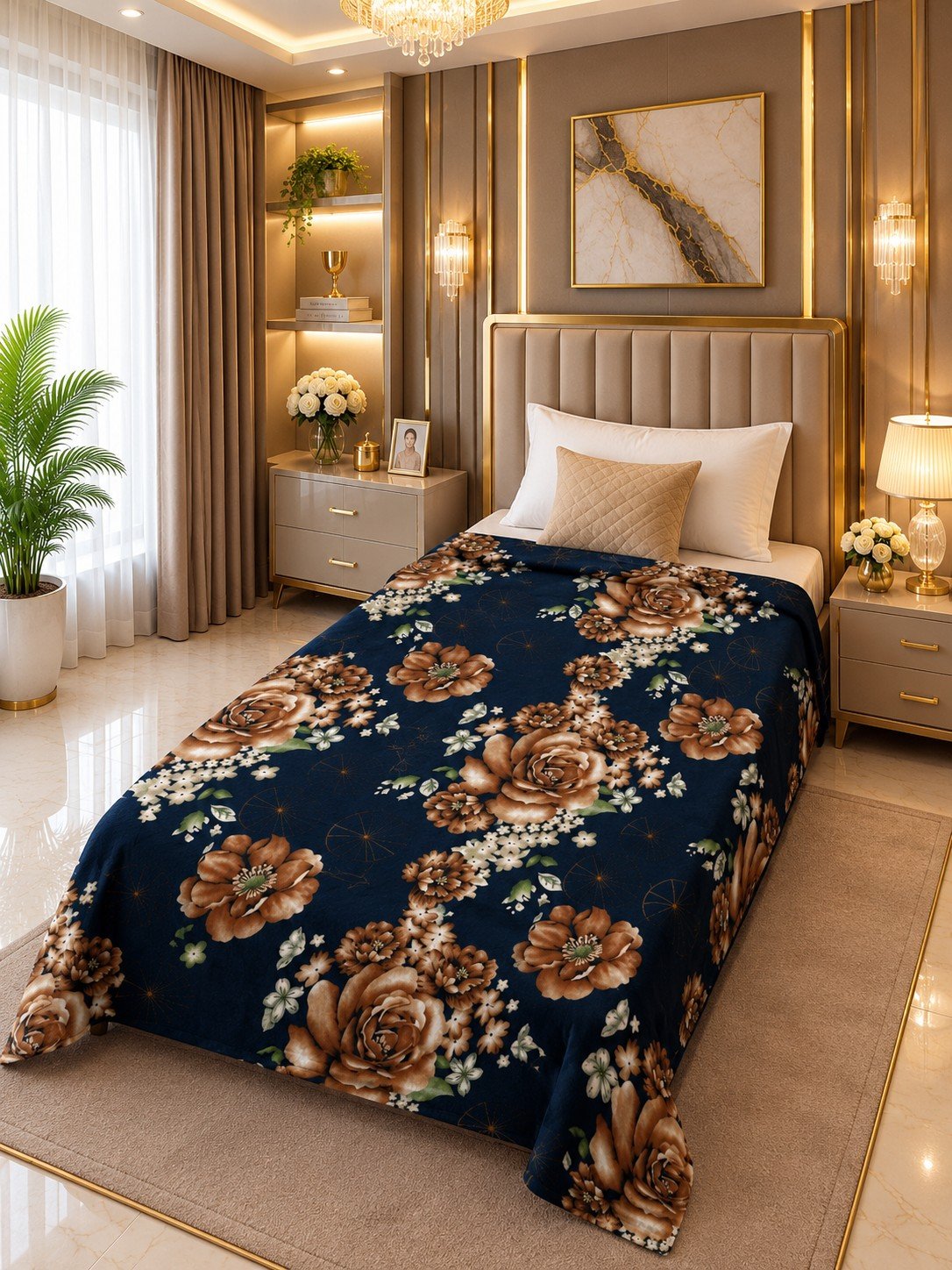 Deep Sea Floral Single Bed AC Blanket - Soft Fleece, Elegant Design