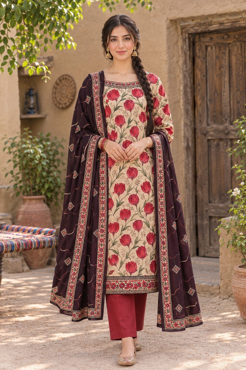 Coral Red Linen 3 Piece Suit – Digital Printed Collection Bonanza