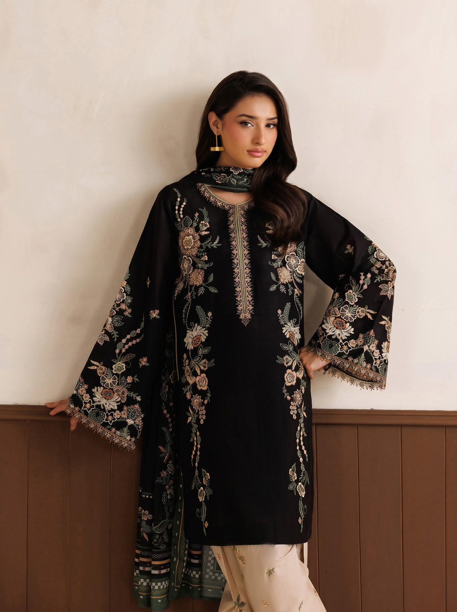 Midnight Bloom Pure Dhanak 3-Piece Embroidered Dress with Pashmina Wool Shawl