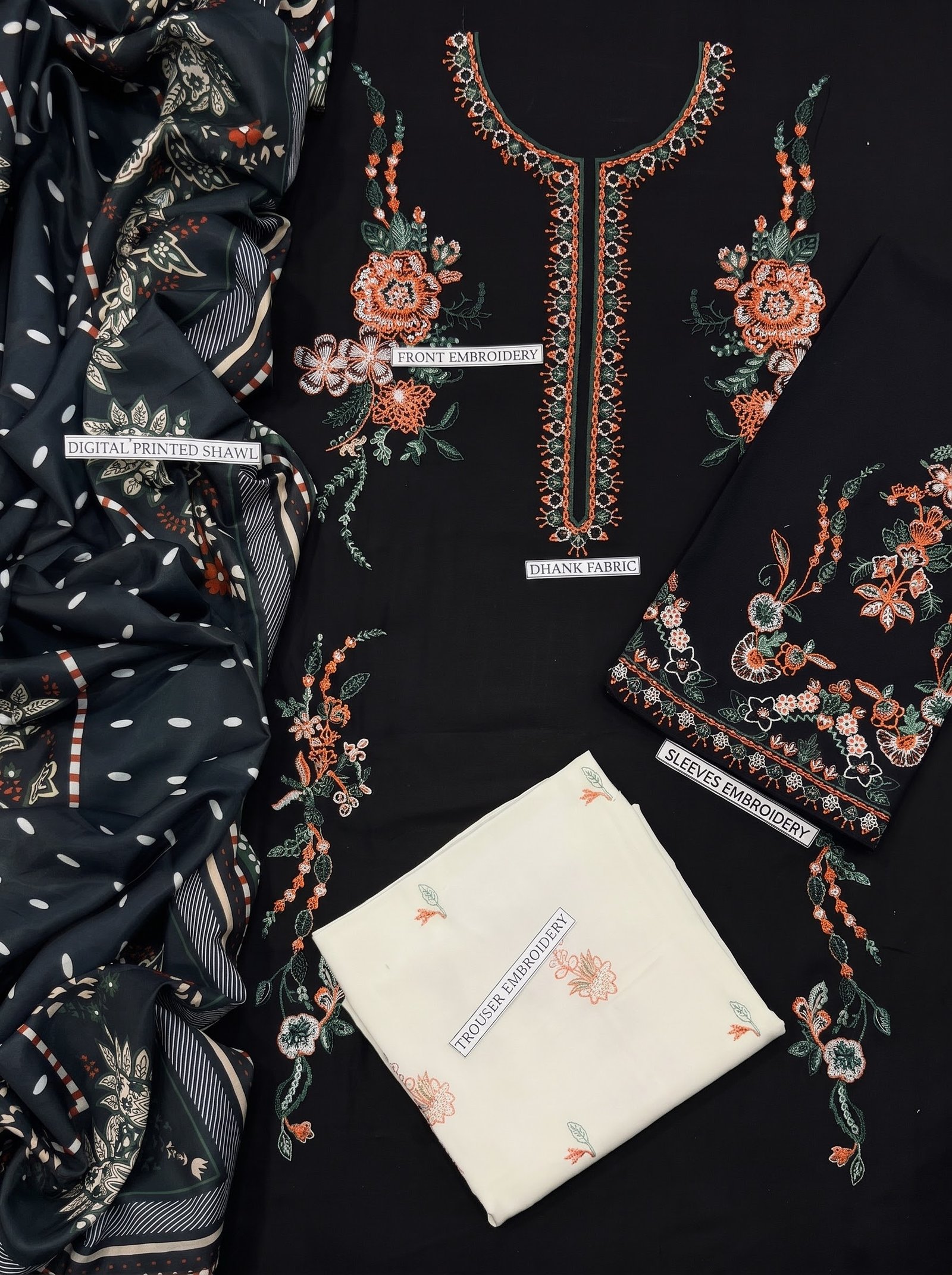 Midnight Bloom Pure Dhanak 3-Piece Embroidered Dress with Pashmina Wool Shawl Image 3