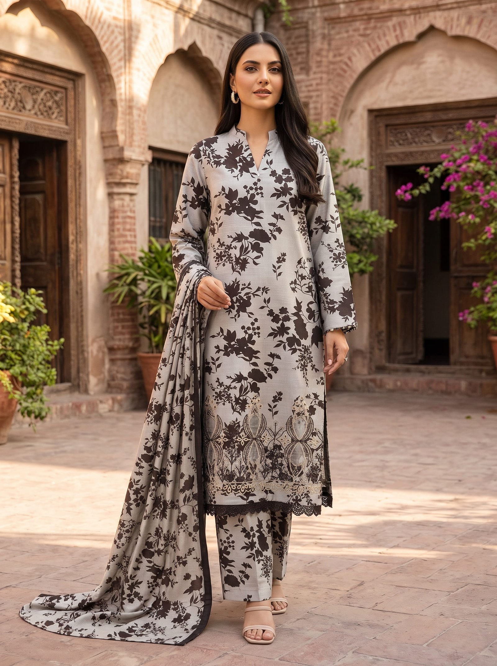 Rangrez Khaddar Printed 3-Piece Suit with Embroidered Daman & Laser-Cut Detailing Image 2