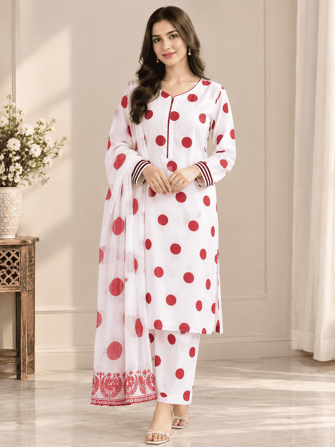 Red Polka Dot Digital Printed Silk 3 Piece Unstitched Suit 2026 | Premium Silk Collection