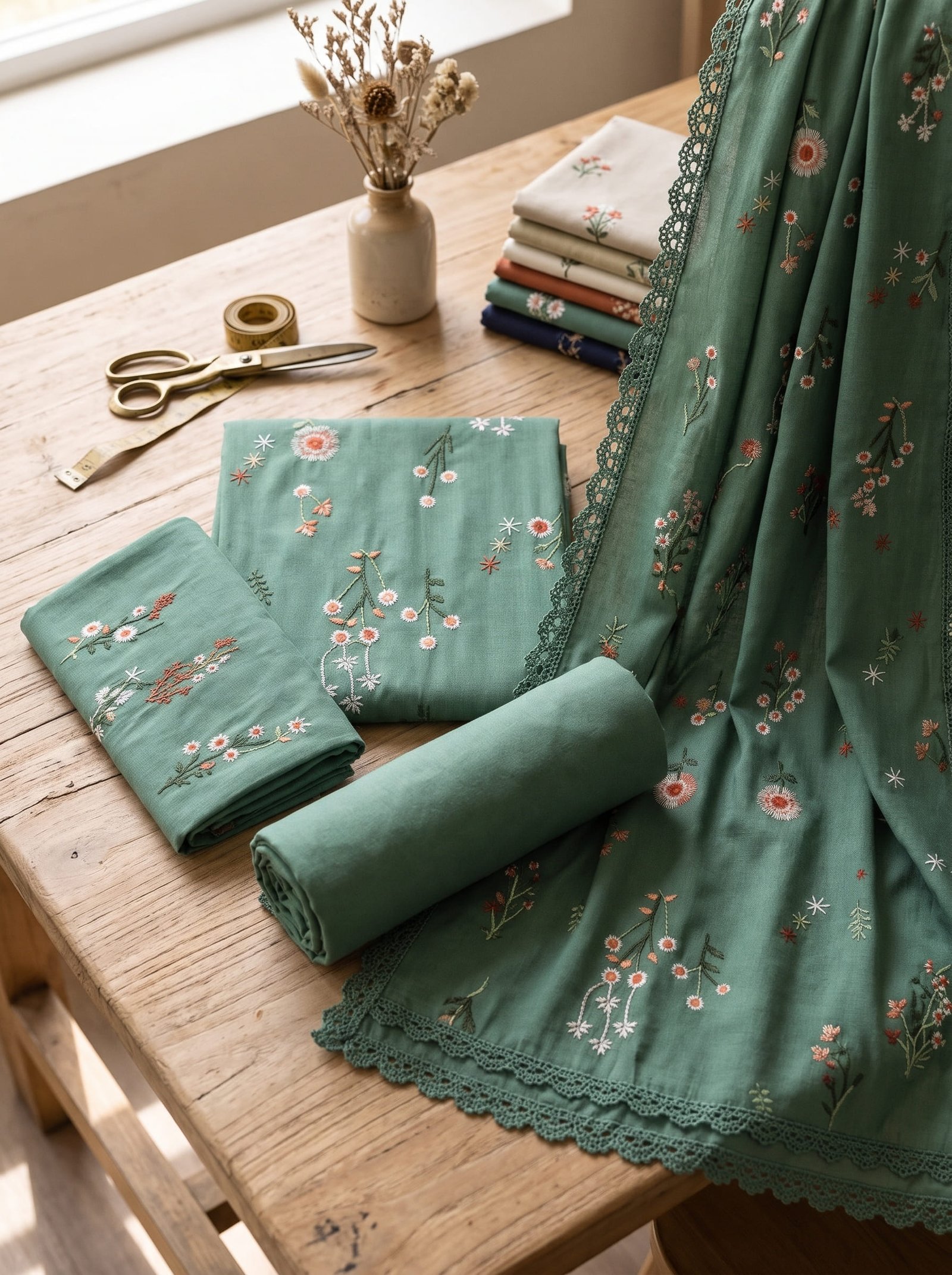 Soft Mint Dhanak Embroidered 3 Piece Suit with Dhanak Shawl Image 2