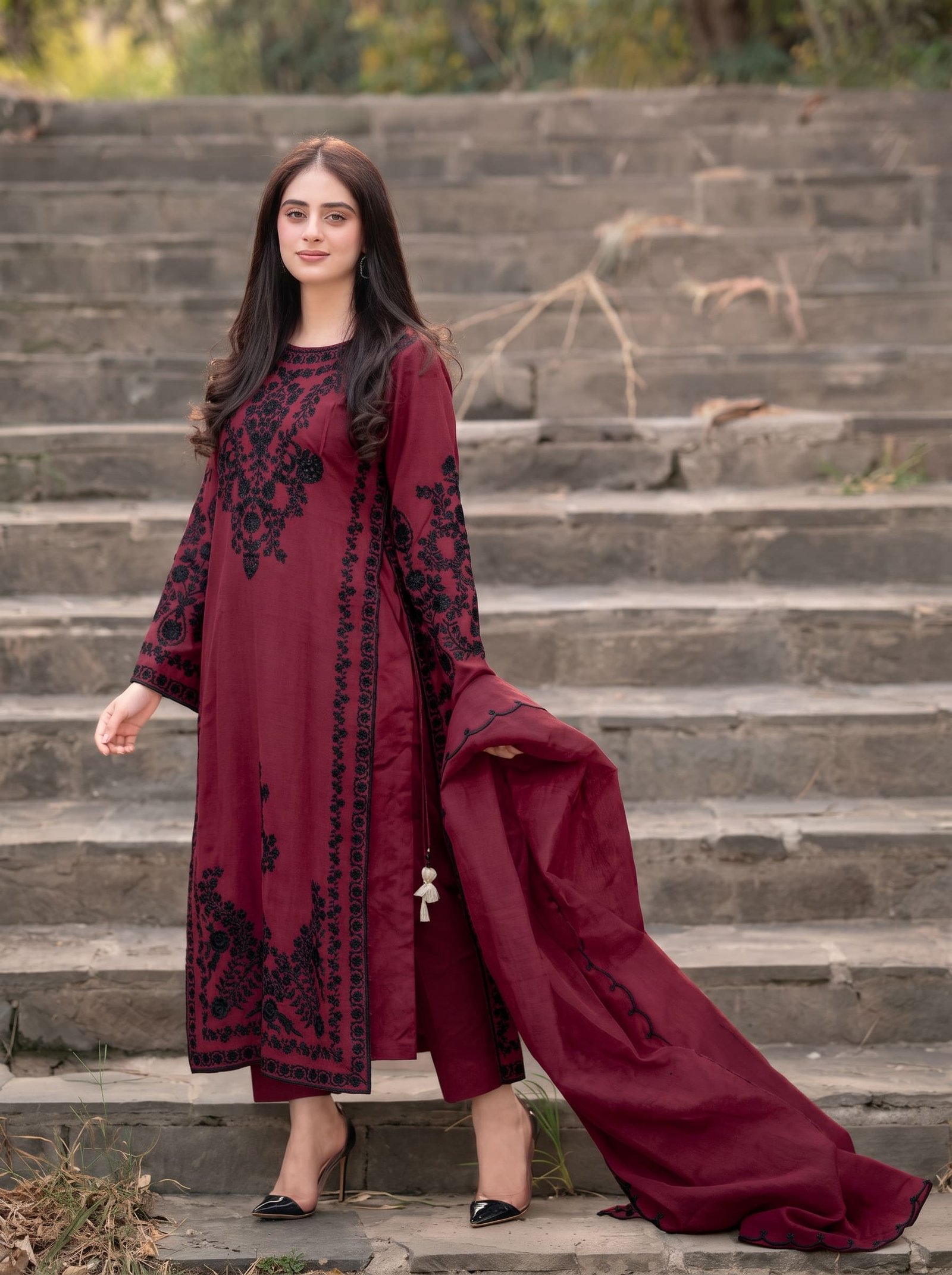 Wineberry Charm Pure Dhanak 3-Piece Embroidered Dress with Pashmina Wool Shawl