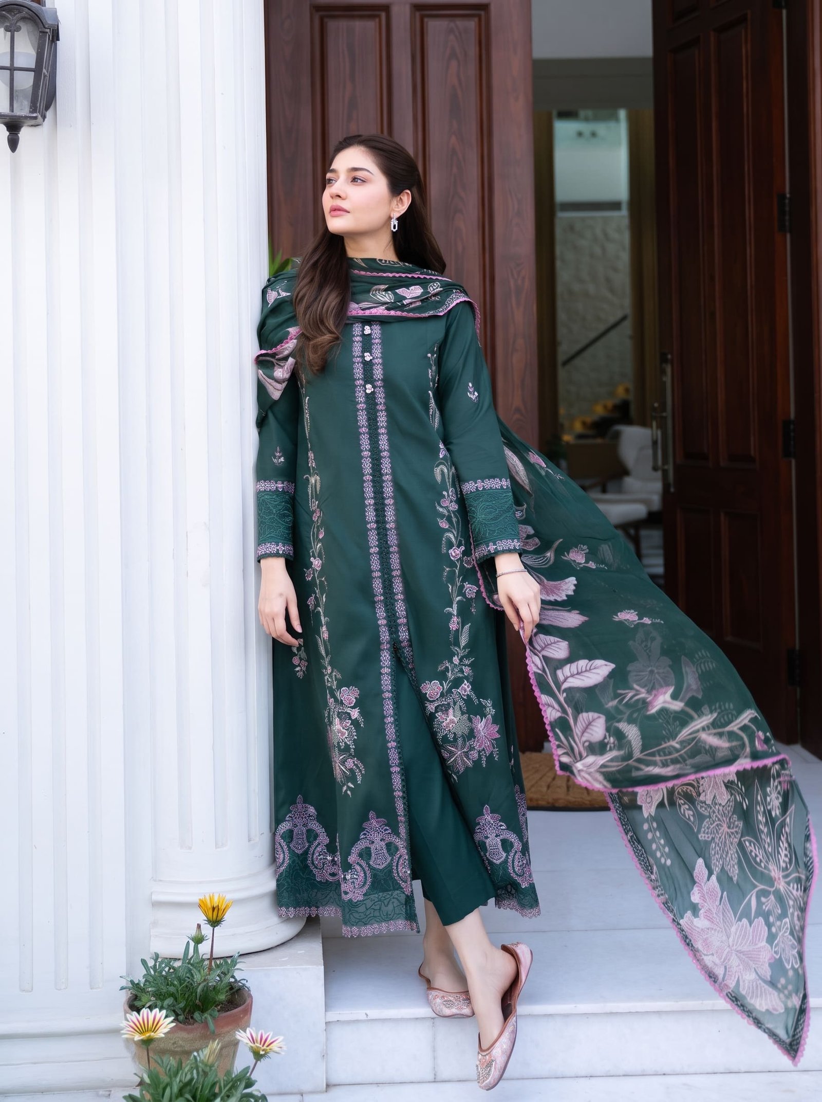 Azure Bloom Pure Dhanak 3-Piece Embroidered Dress with Pashmina Wool Shawl Image 2