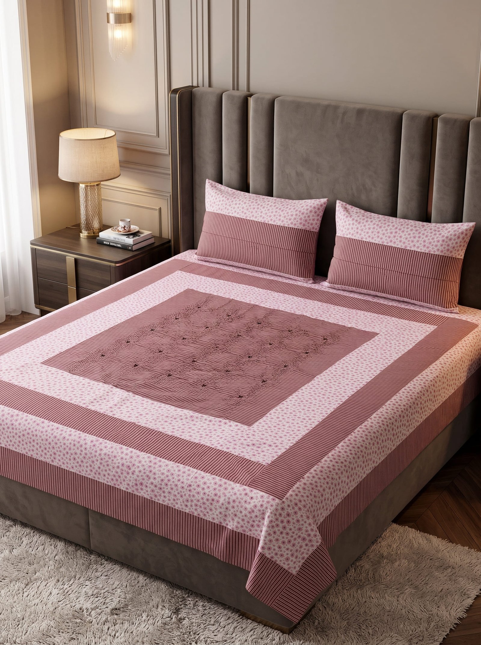 King Size Cotton Patchwork Bedsheet – Embroidered & Panel Design