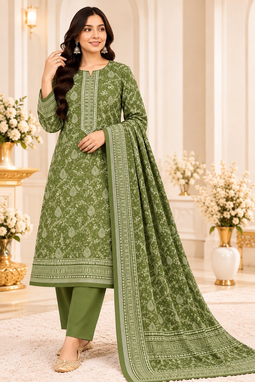 Olive Green Printed Kashmira Wool Marina 3 Piece