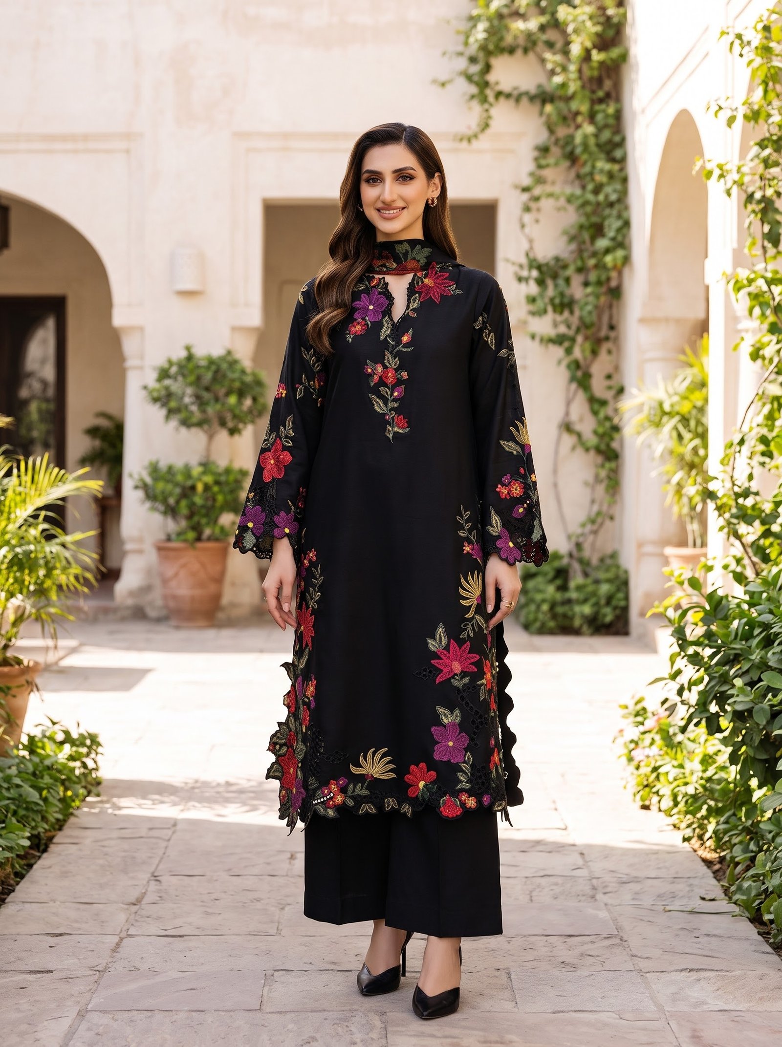 Deep Black Dhanak Embroidered 3-Piece Suit with Pashmina Shawl – Daman Shiffli Work