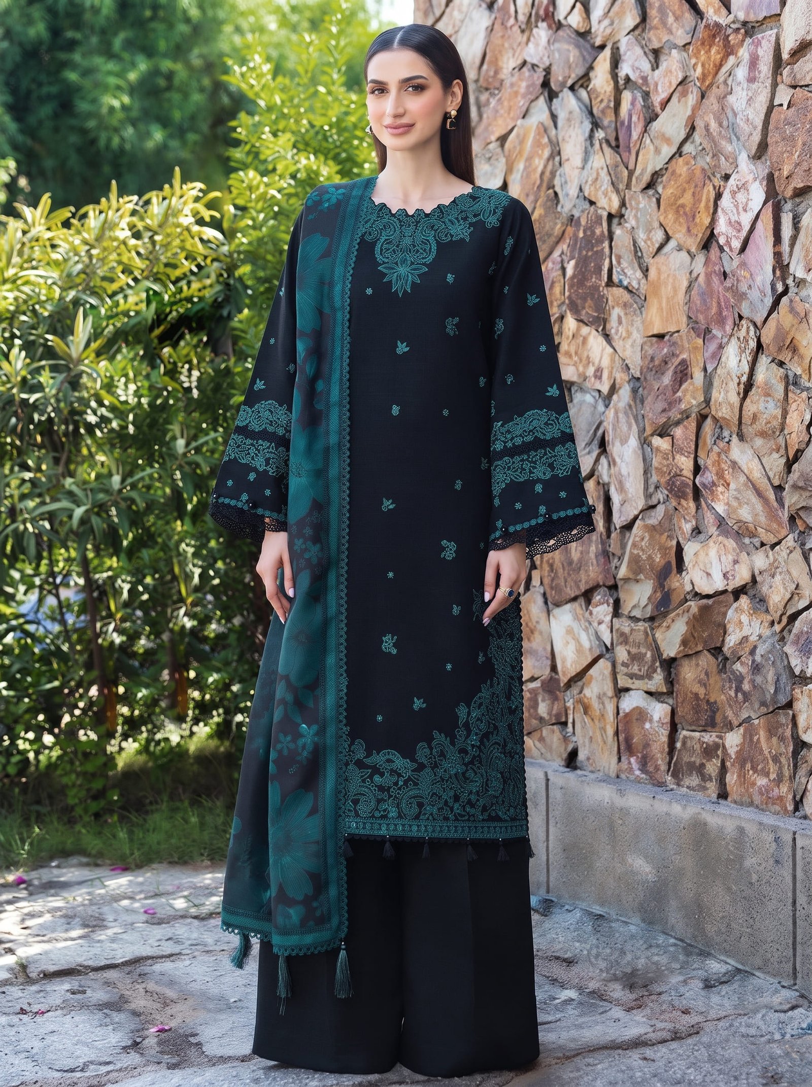 Teal & Black Ethnic Pure Dhanak 3-Piece Embroidered Dress with Pashmina Wool Shawl Image 2