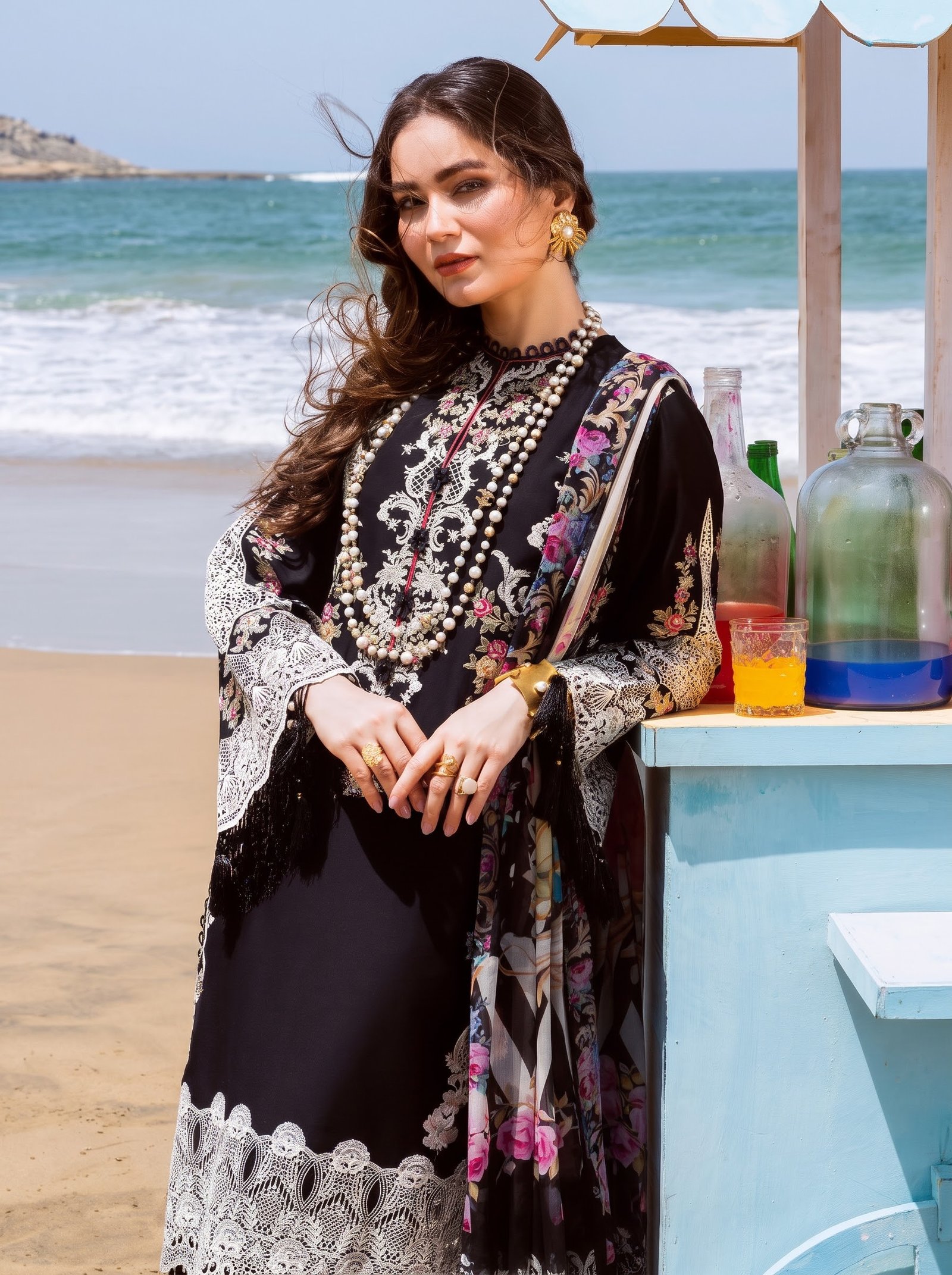 Midnight Grace Pure Dhanak 3-Piece Embroidered Dress with Pashmina Wool Shawl