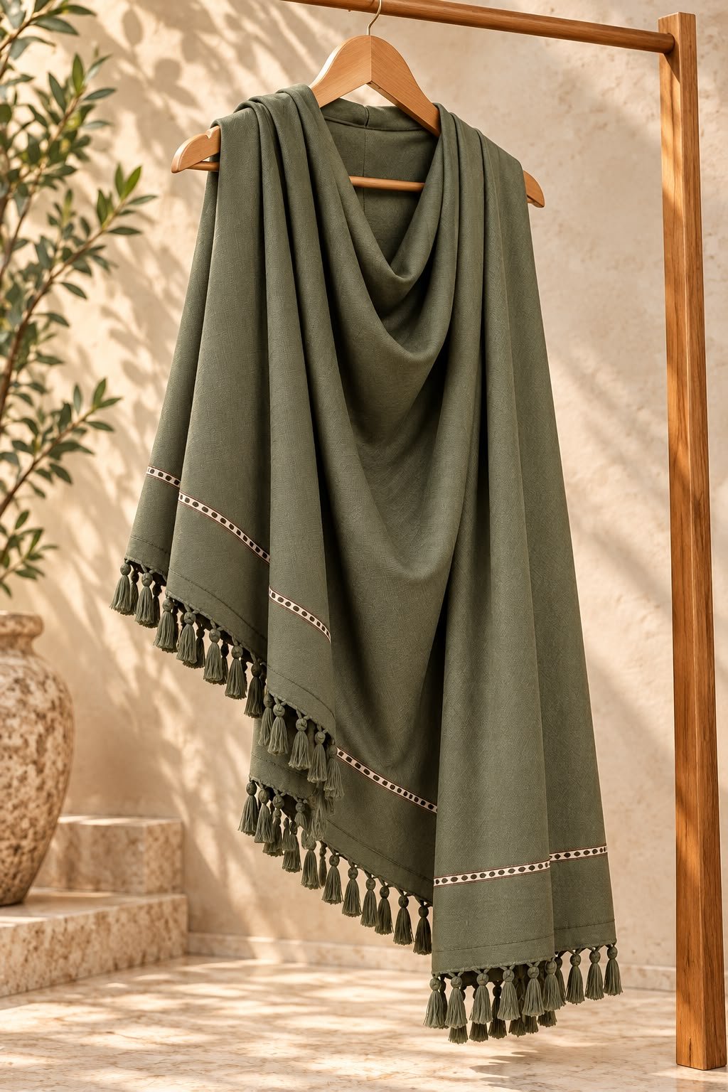 Olive Green Premium Soft Wool Ready-to-Wear Winter Shawl – 3 Yard Stitched Shawl
