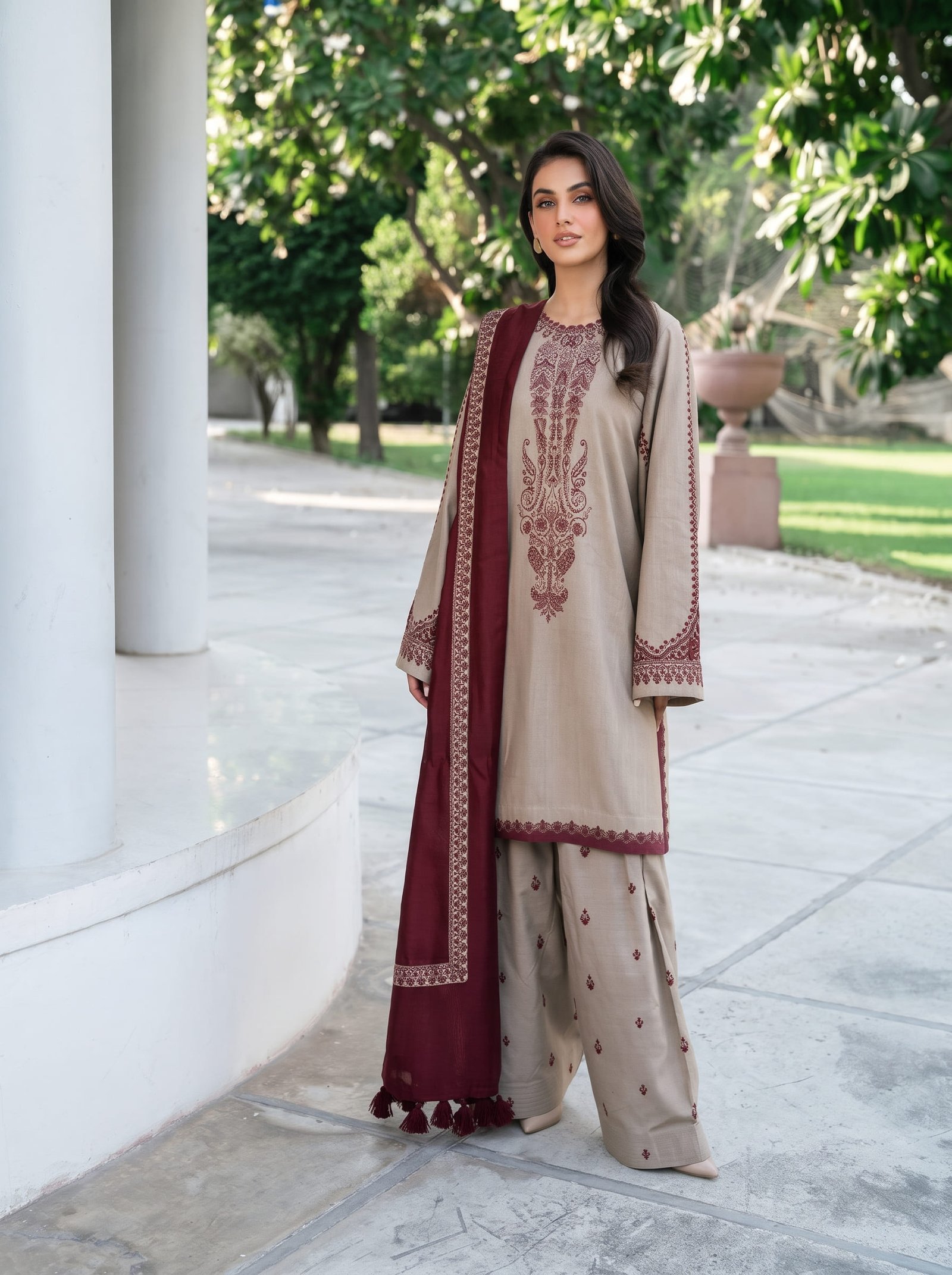 Ivory & Maroon Pure Dhanak 3-Piece Embroidered Dress with Pashmina Wool Shawl Image 2