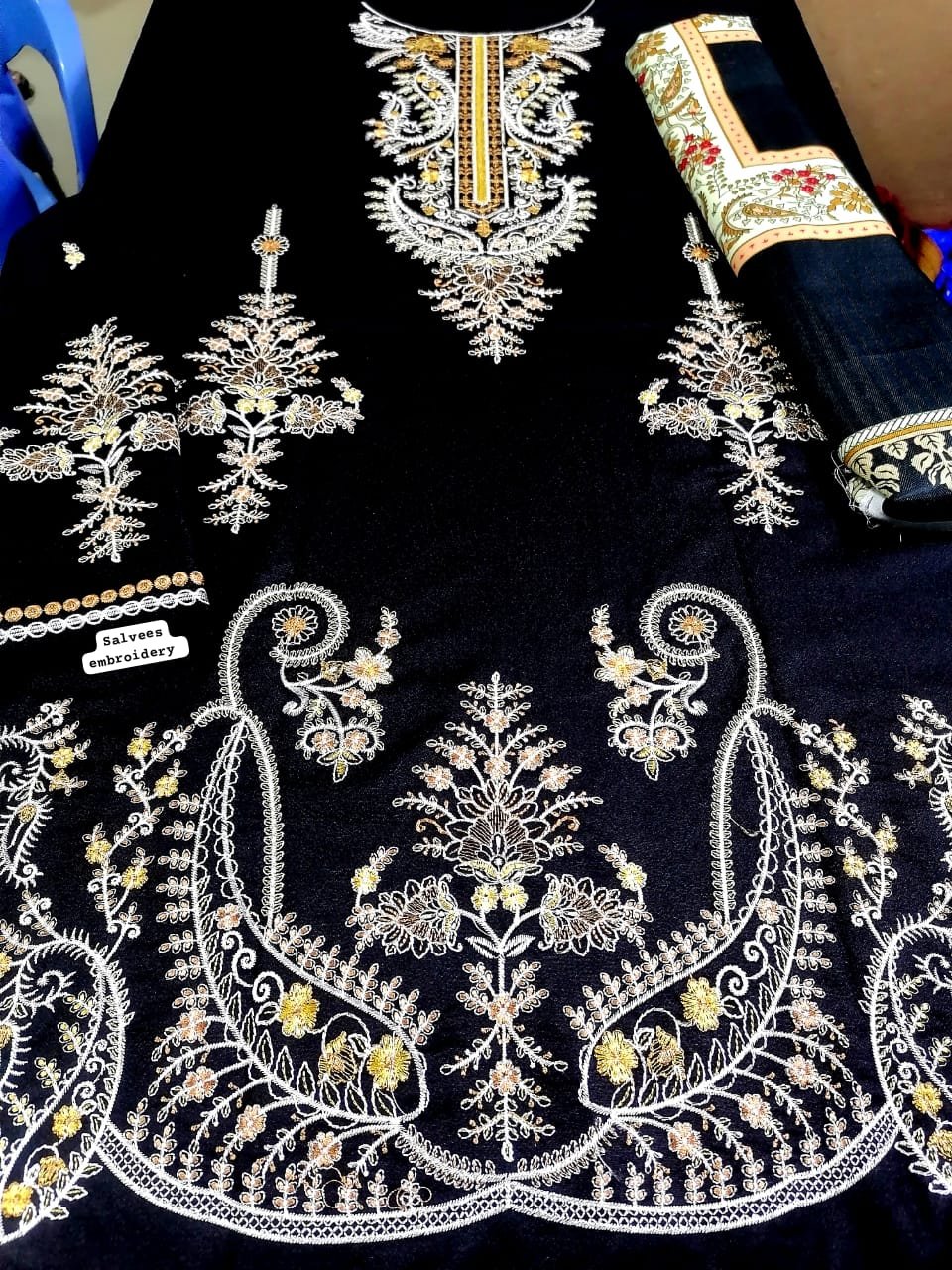 Premium Black & Mustard Dhanak Embroidered Winter Collection with Pashmina Shawl Image 2
