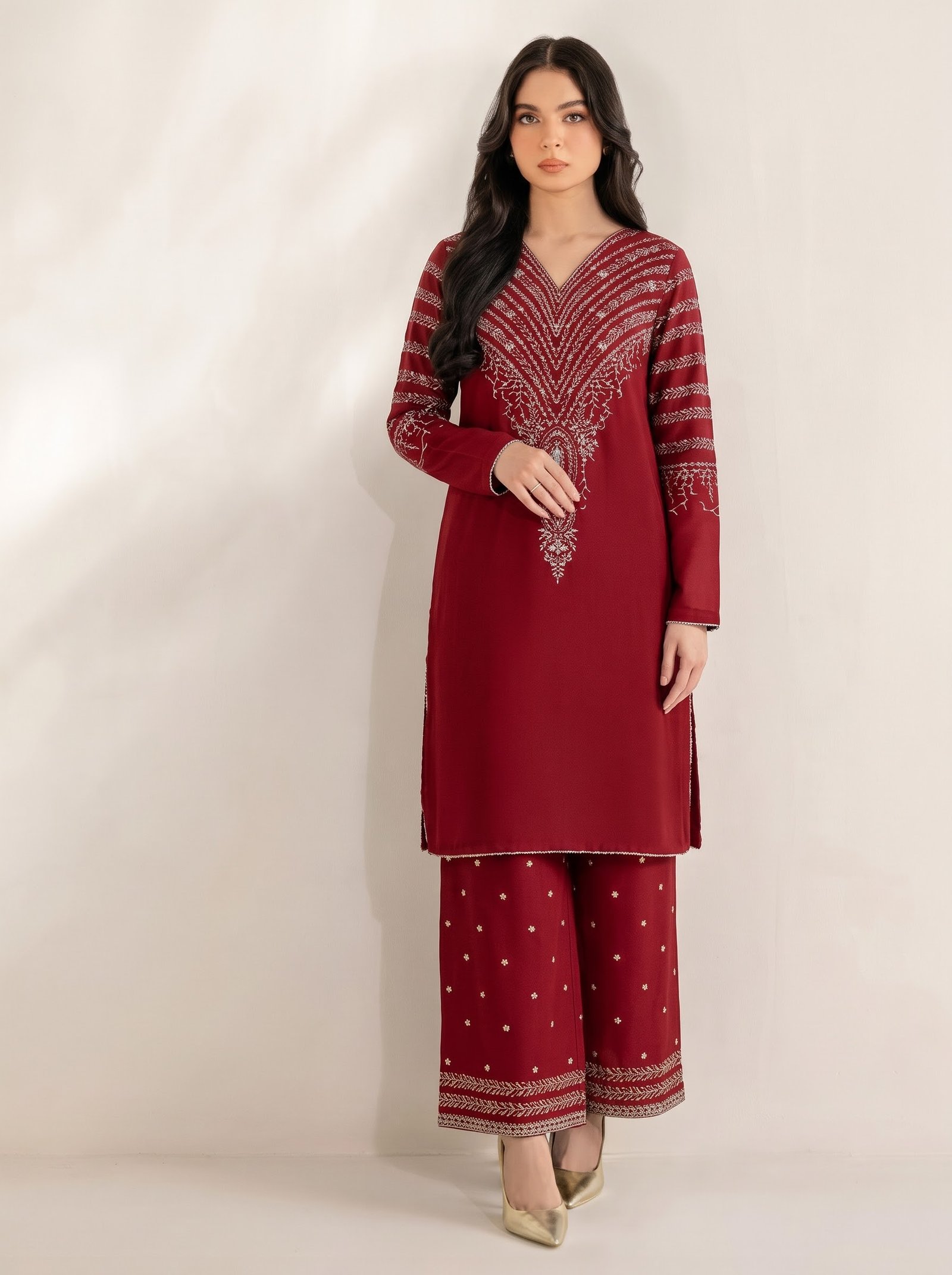 Burgundy Bliss – Maroon Embroidered Dhanak 2PC