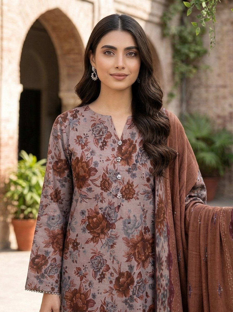 Gul Bahar Khaddar Printed 3-Piece Suit with Embroidered Daman & Laser-Cut Detailing Image 2