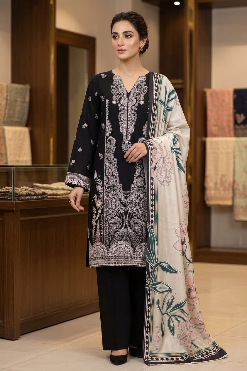 Shab e Zar Embroidered Dhanak 3-Piece Suit with Digital Printed Wool Shawl