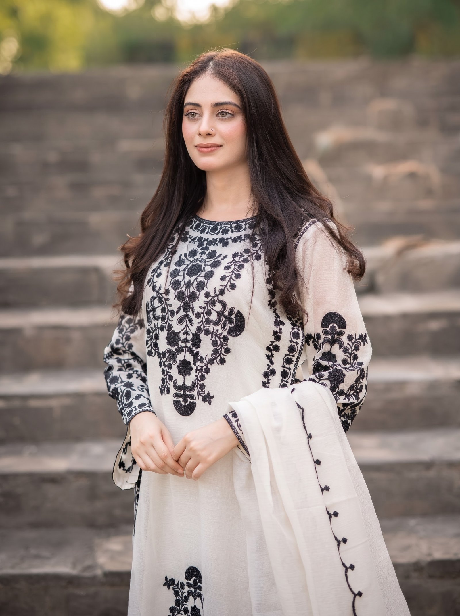 Off White Pure Dhanak 3-Piece Embroidered Dress with Pashmina Wool Shawl Image 2