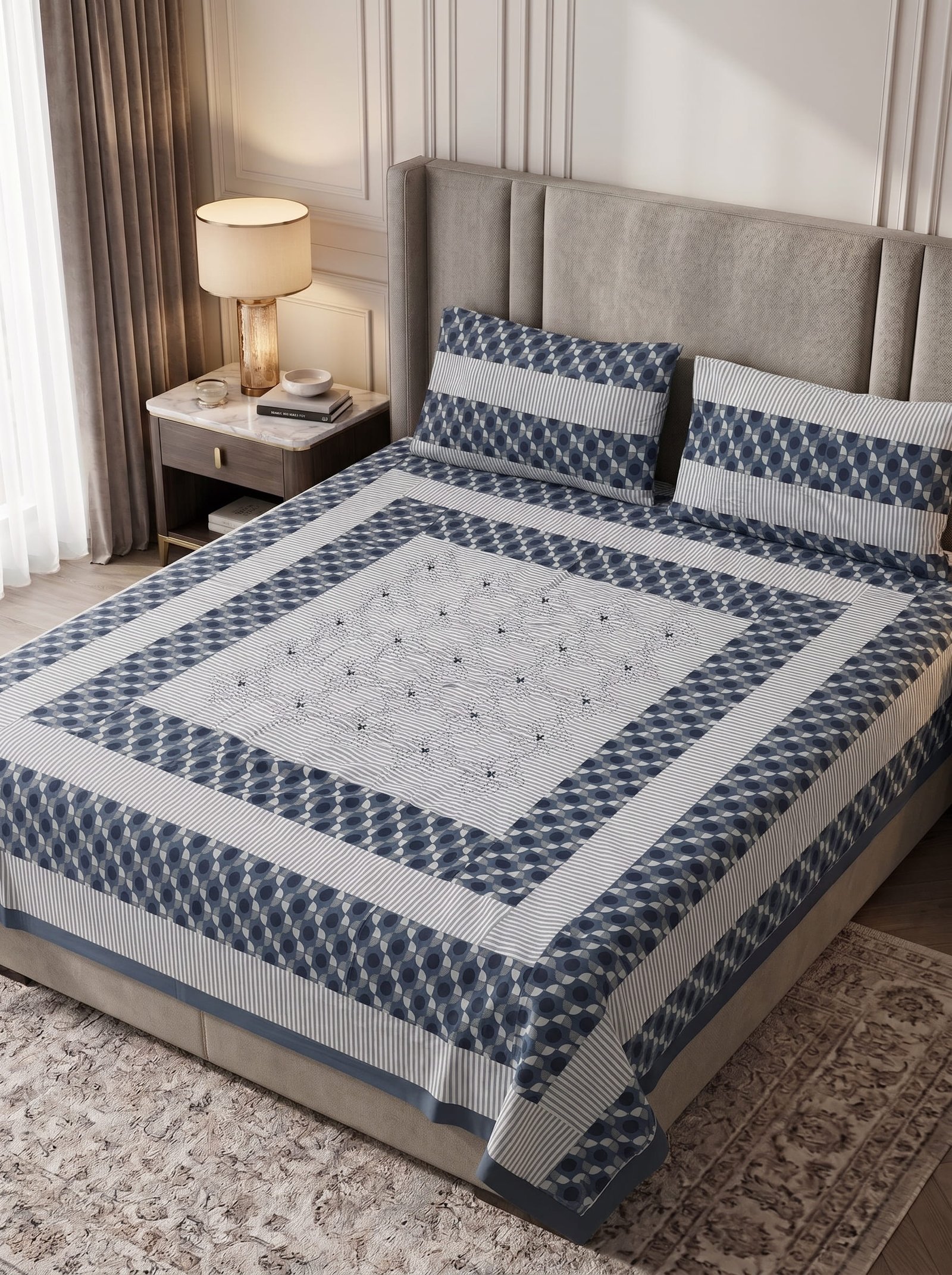 King Size Cotton Patchwork Bedsheet – Embroidered & Panel Design