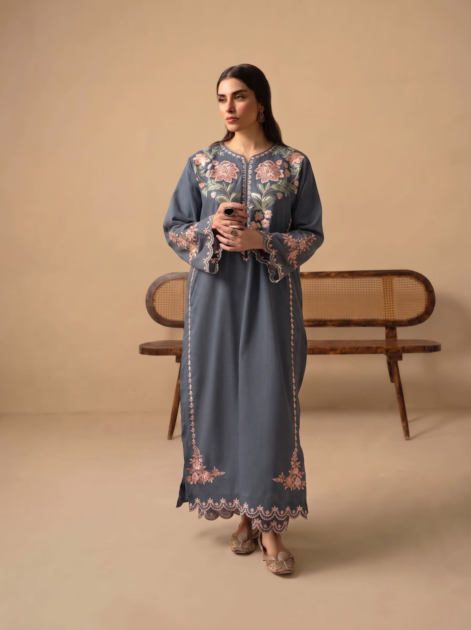 Silver Mist – Grey Embroidered Dhanak 2PC
