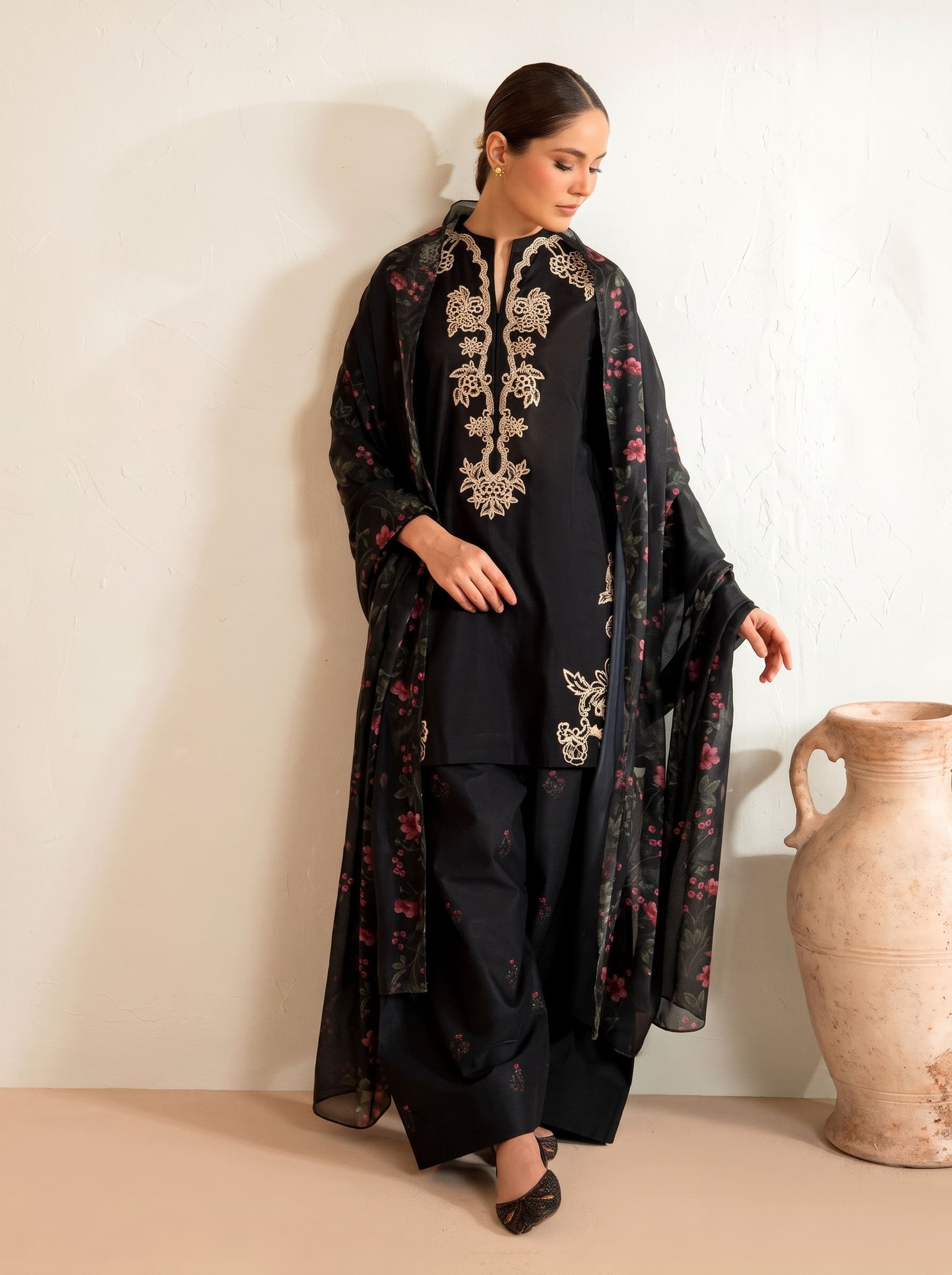 Shadow Grace Pure Dhanak 3-Piece Embroidered Dress with Pashmina Wool Shawl