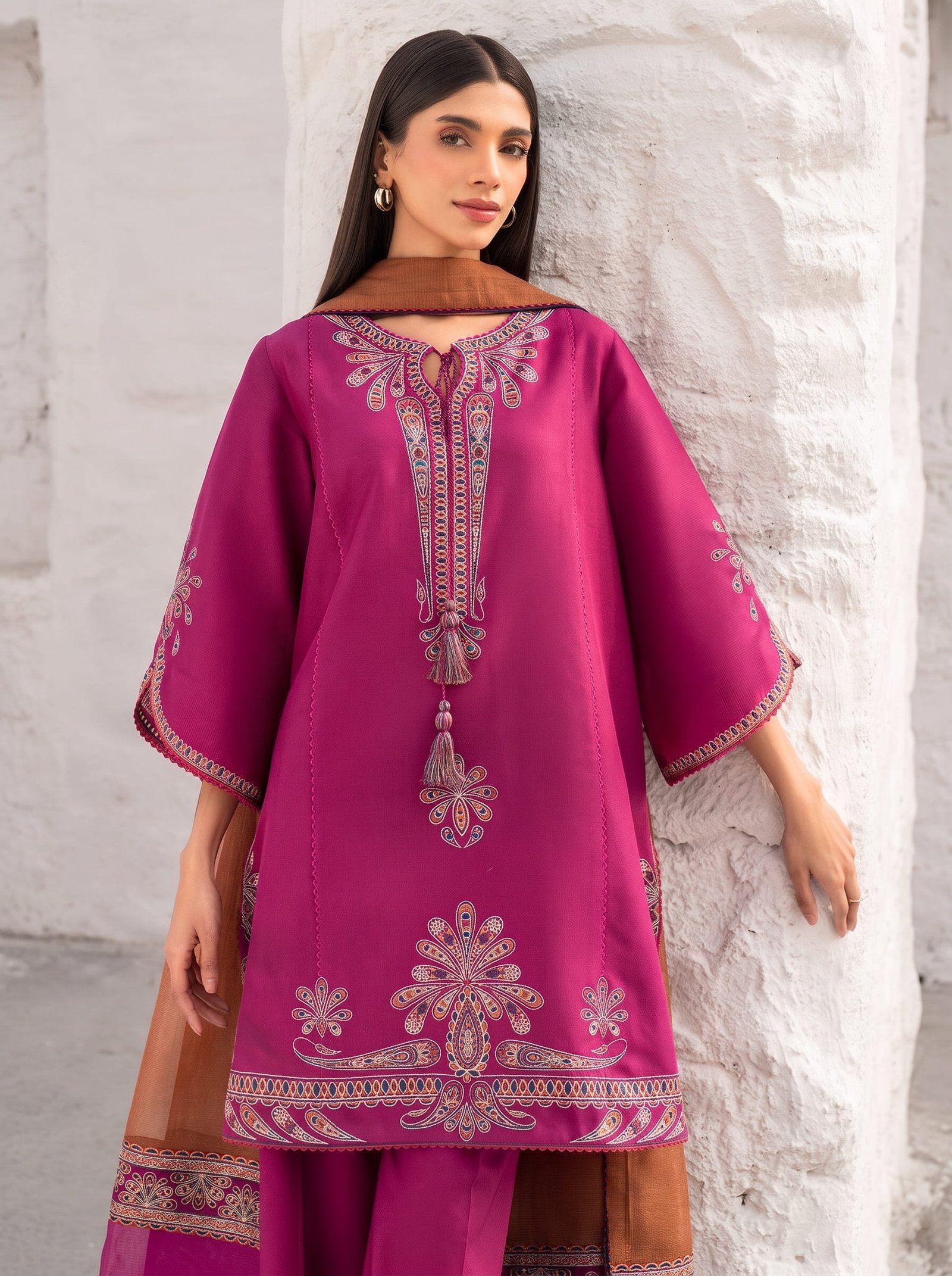 Crimson Petal Pure Dhanak 3-Piece Embroidered Dress with Pashmina Wool Shawl Image 2
