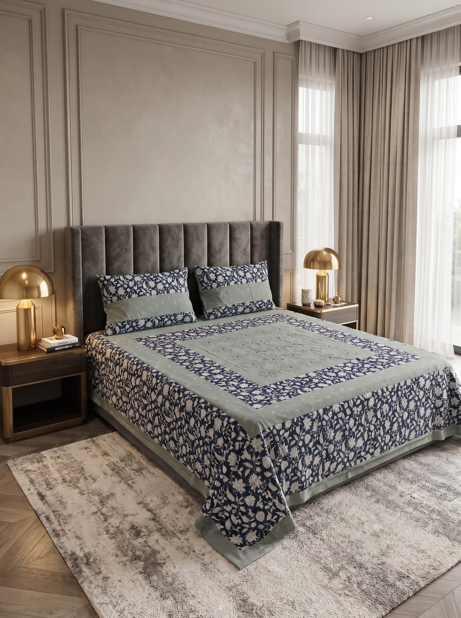 King Size Cotton Patchwork Bedsheet – Embroidered & Panel Design