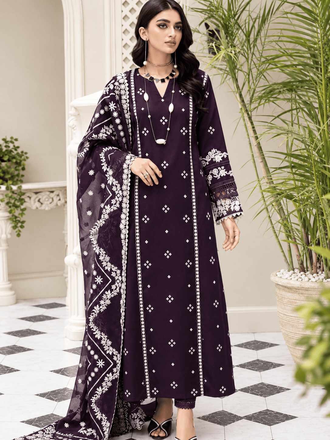 Warm Plum Winter Dhanak Embroidered 3 Piece Suit with Heavy Embroidered Shawl
