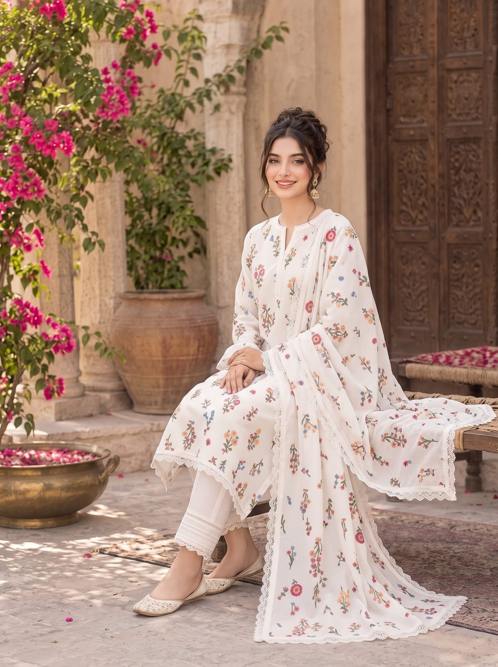 Pearl White Dhanak Embroidered 3 Piece Suit with Dhanak Shawl