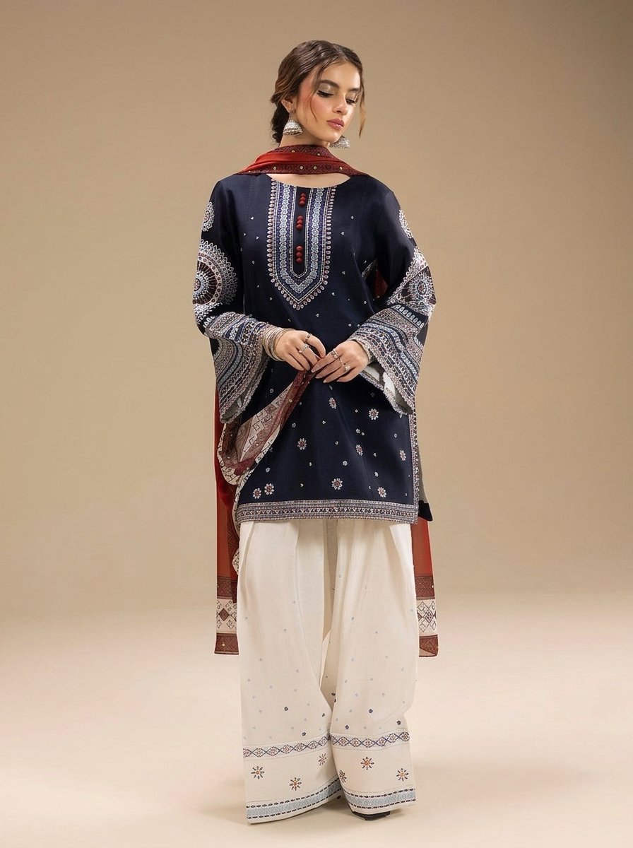 Navy Blue Ethnic Pure Dhanak 3-Piece Embroidered Dress with Pashmina Wool Shawl