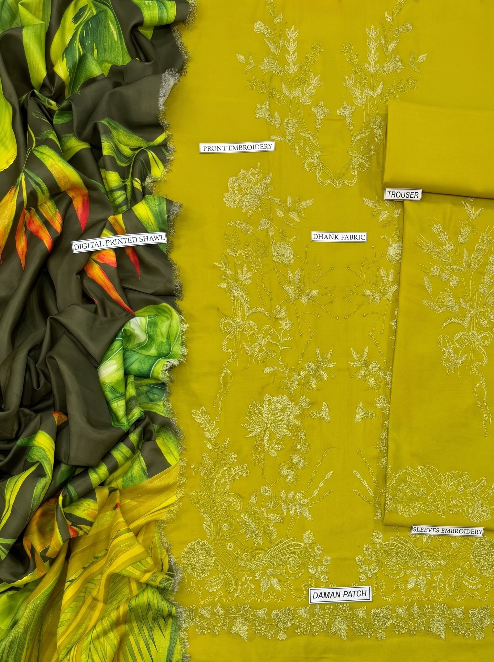 Fresh Lime Pure Dhanak 3-Piece Embroidered Dress with Pashmina Wool Shawl Image 2