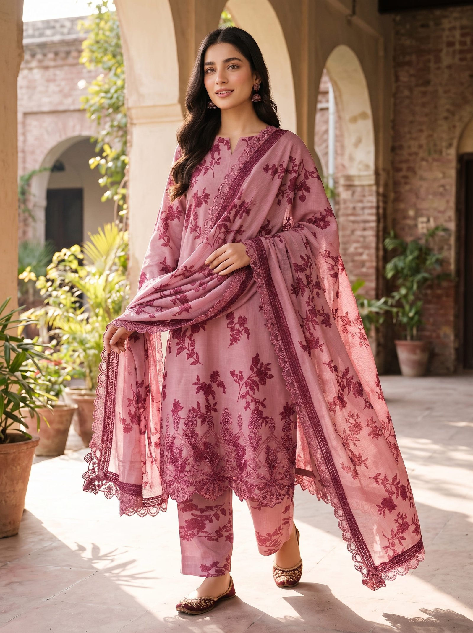 Aabroo Khaddar Printed 3-Piece Suit with Embroidered Daman & Laser-Cut Detailing