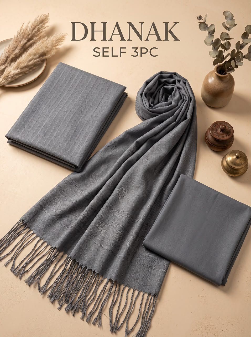 Silver Mist Pure Dhanak 3-Piece Winter Suit with Fancy Shawl Image 2