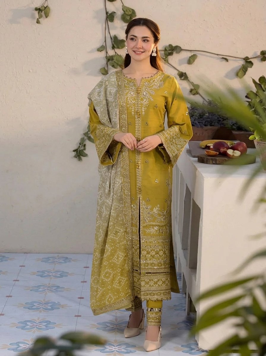 Mustard Gold Pure Dhanak 3-Piece Embroidered Dress with Pashmina Wool Shawl Image 2