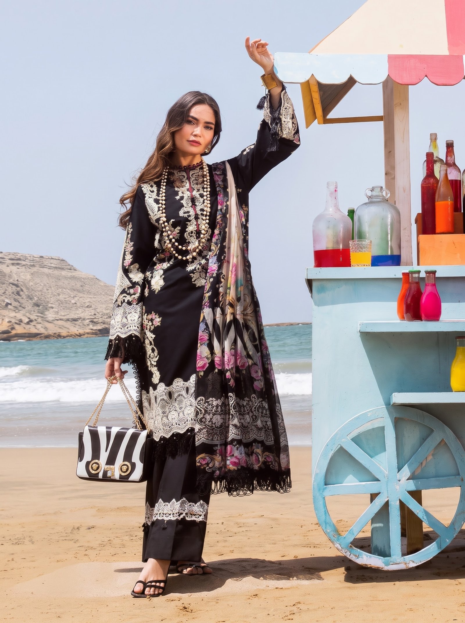 Midnight Grace Pure Dhanak 3-Piece Embroidered Dress with Pashmina Wool Shawl Image 2