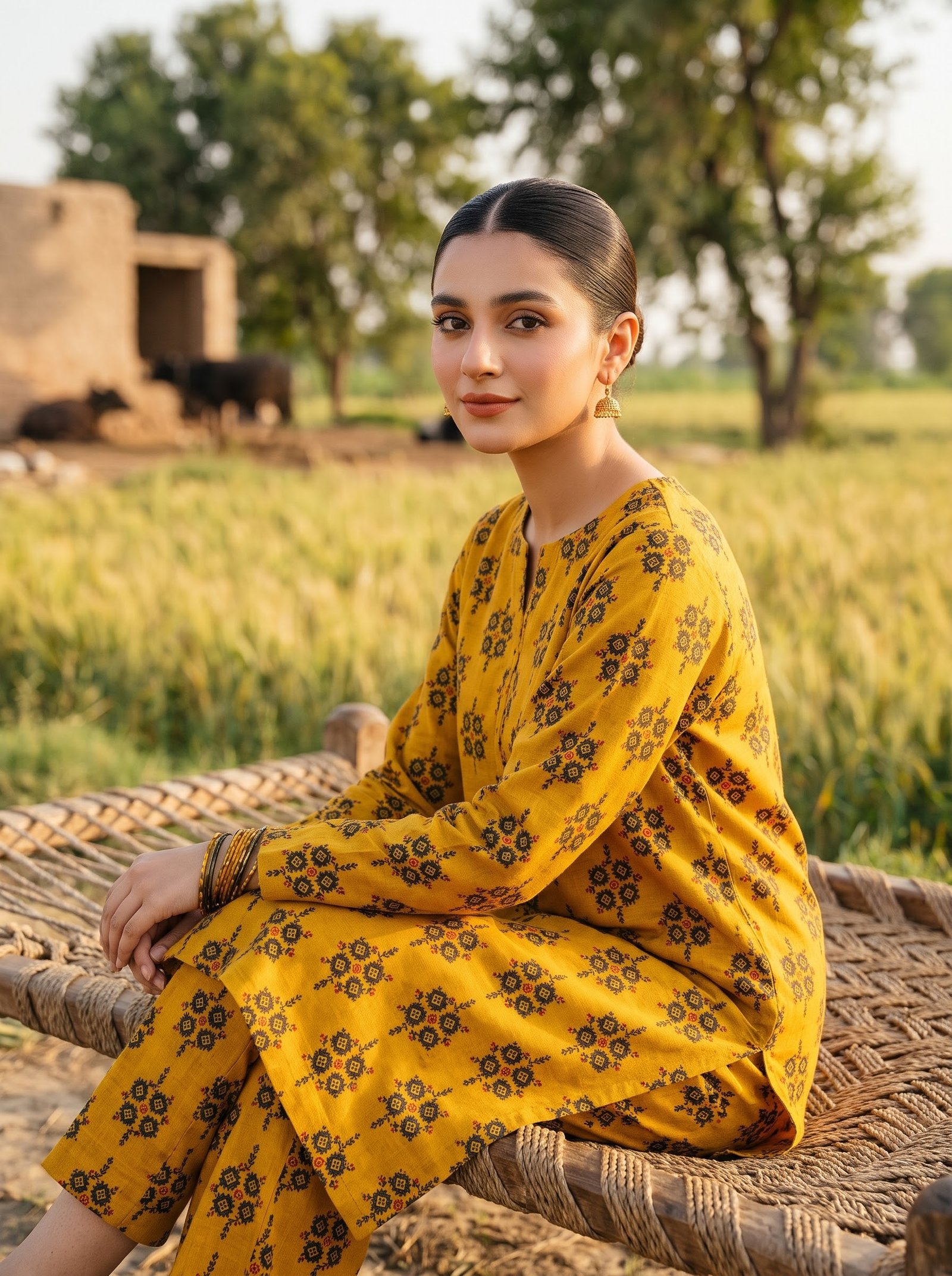 Golden Mustard Print Khaddar 2 Piece Suit – Digital Printed Winter Collection