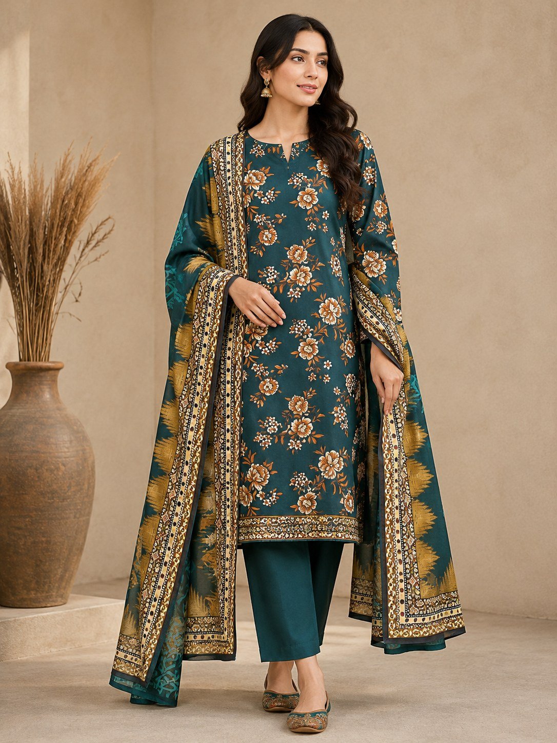 Deep Sea Green Linen 3 Piece Suit – Digital Printed Collection Bonanza