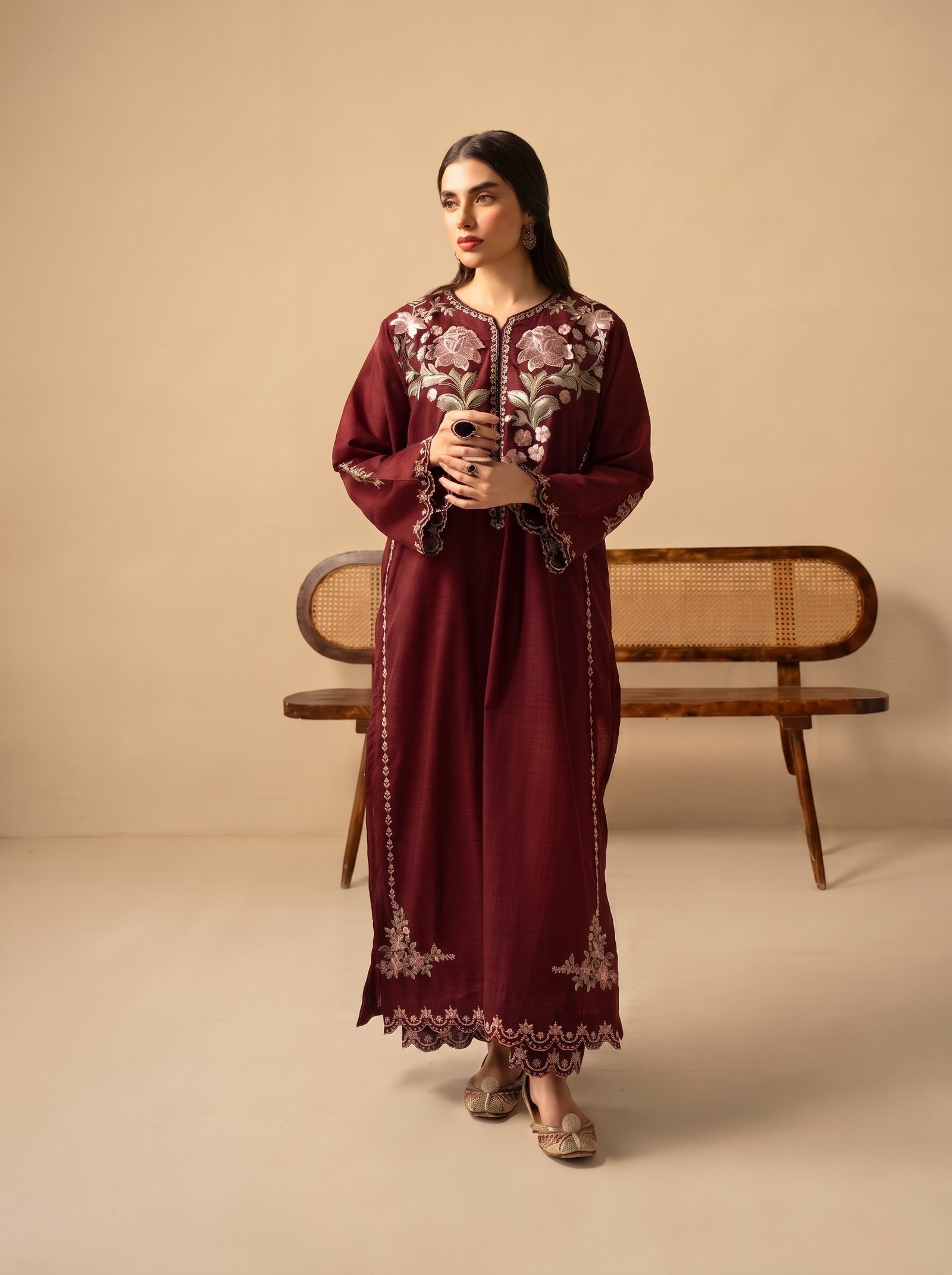 Garnet Red Elegant Heavy Embroidered Silk 2-Piece Unstitched Suit
