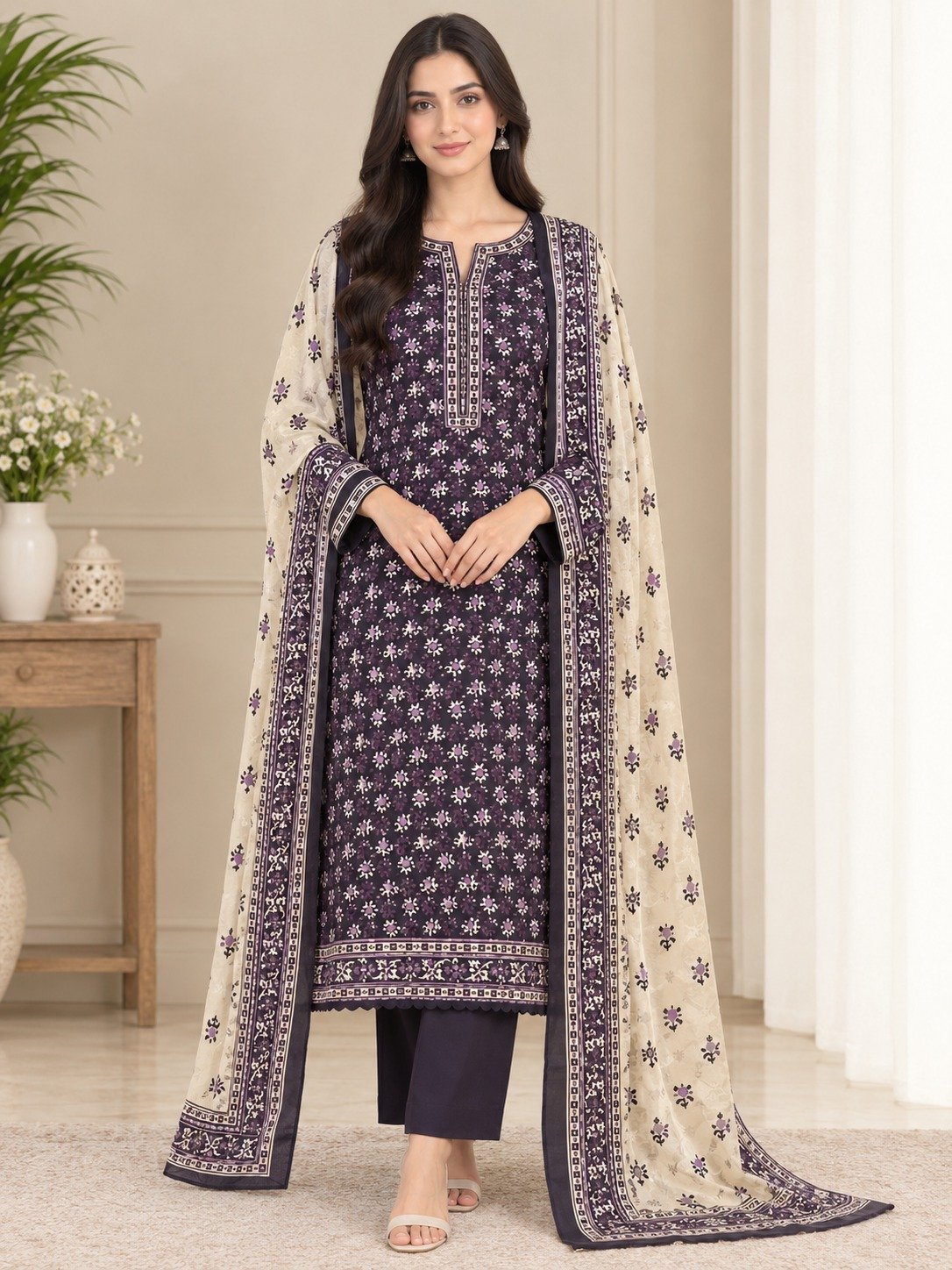 Enchanted Plum Linen 3 Piece Suit – Digital Printed Collection Bonanza