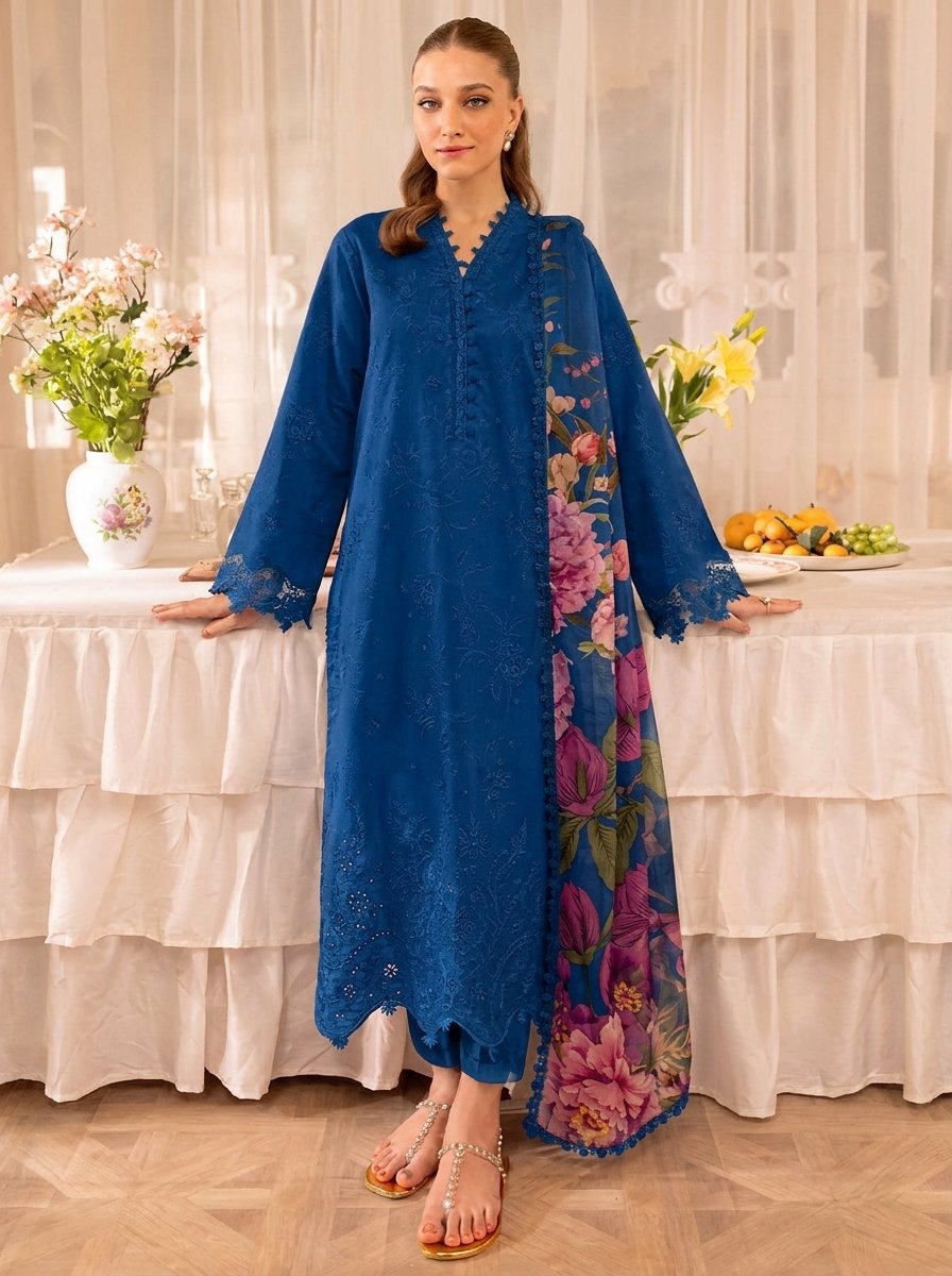 Sapphire Blue Pure Dhanak 3-Piece Embroidered Dress with Pashmina Wool Shawl Image 2