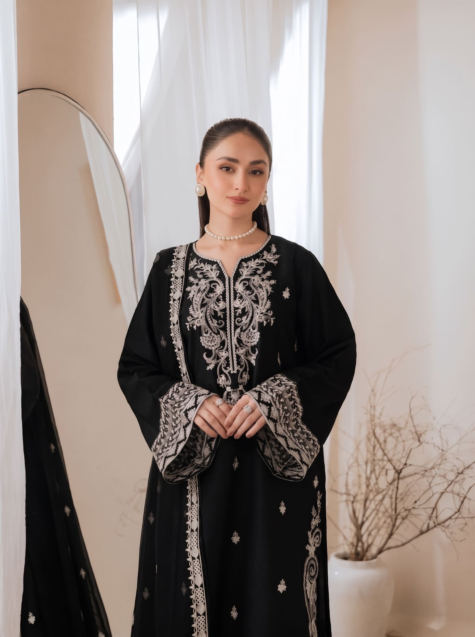 Black Orchid Pure Dhanak 3-Piece Embroidered Dress with Pashmina Wool Shawl