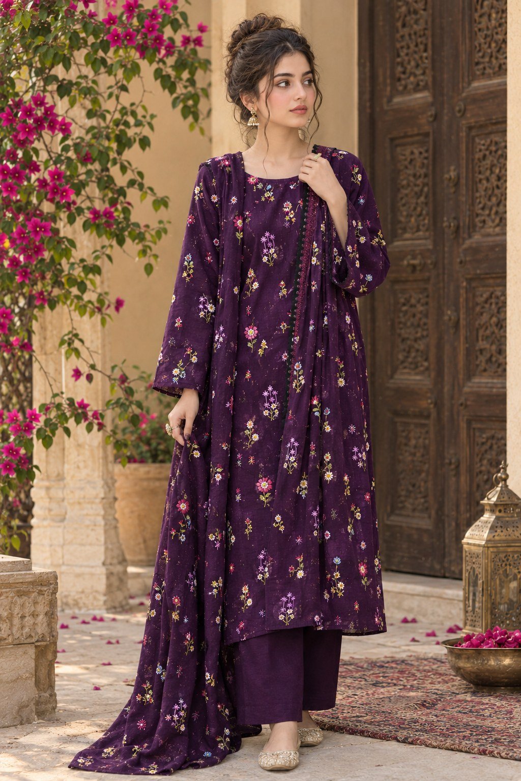 Plum Dhanak Embroidered 3 Piece Suit with Dhanak Shawl