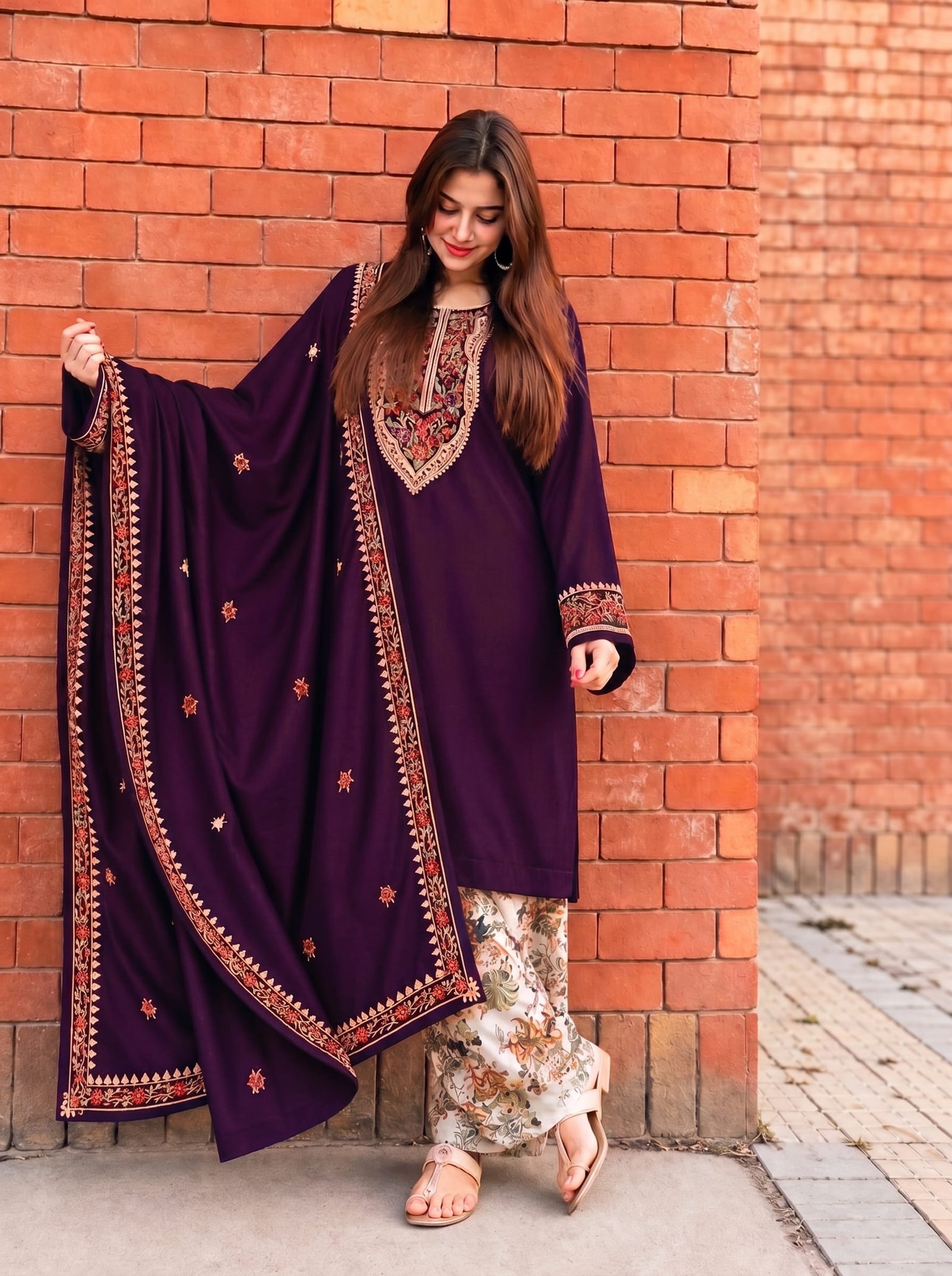 Warm Violet Winter Dhanak 3 Piece Embroidered Suit with Shawl & Printed Karandi Trouser
