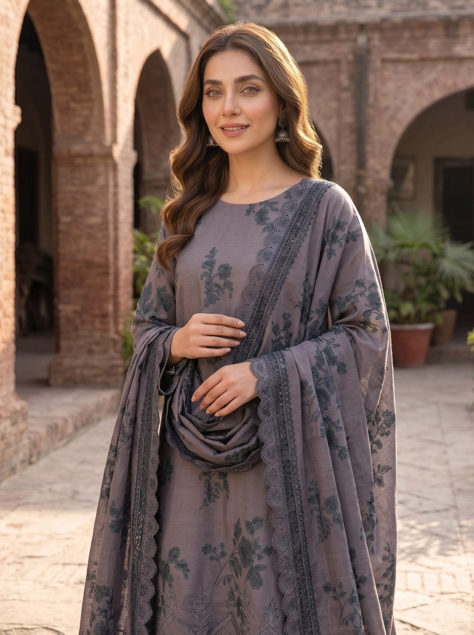 Nayab Khaddar Printed 3-Piece Suit with Embroidered Daman & Laser-Cut Detailing Image 2